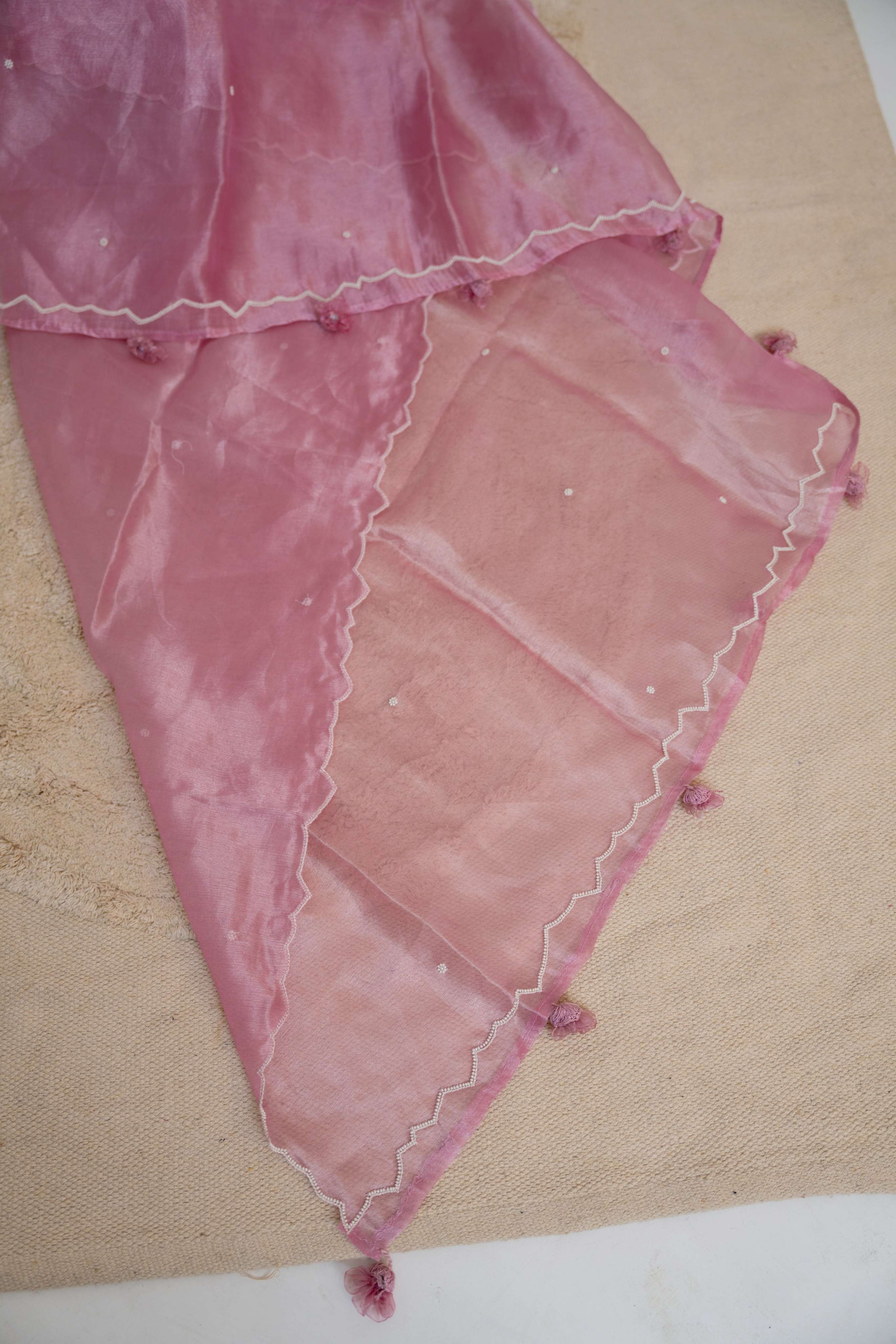 Aari Work on Pink Pure Crush Tissue Kurta and Dupatta with Bottom