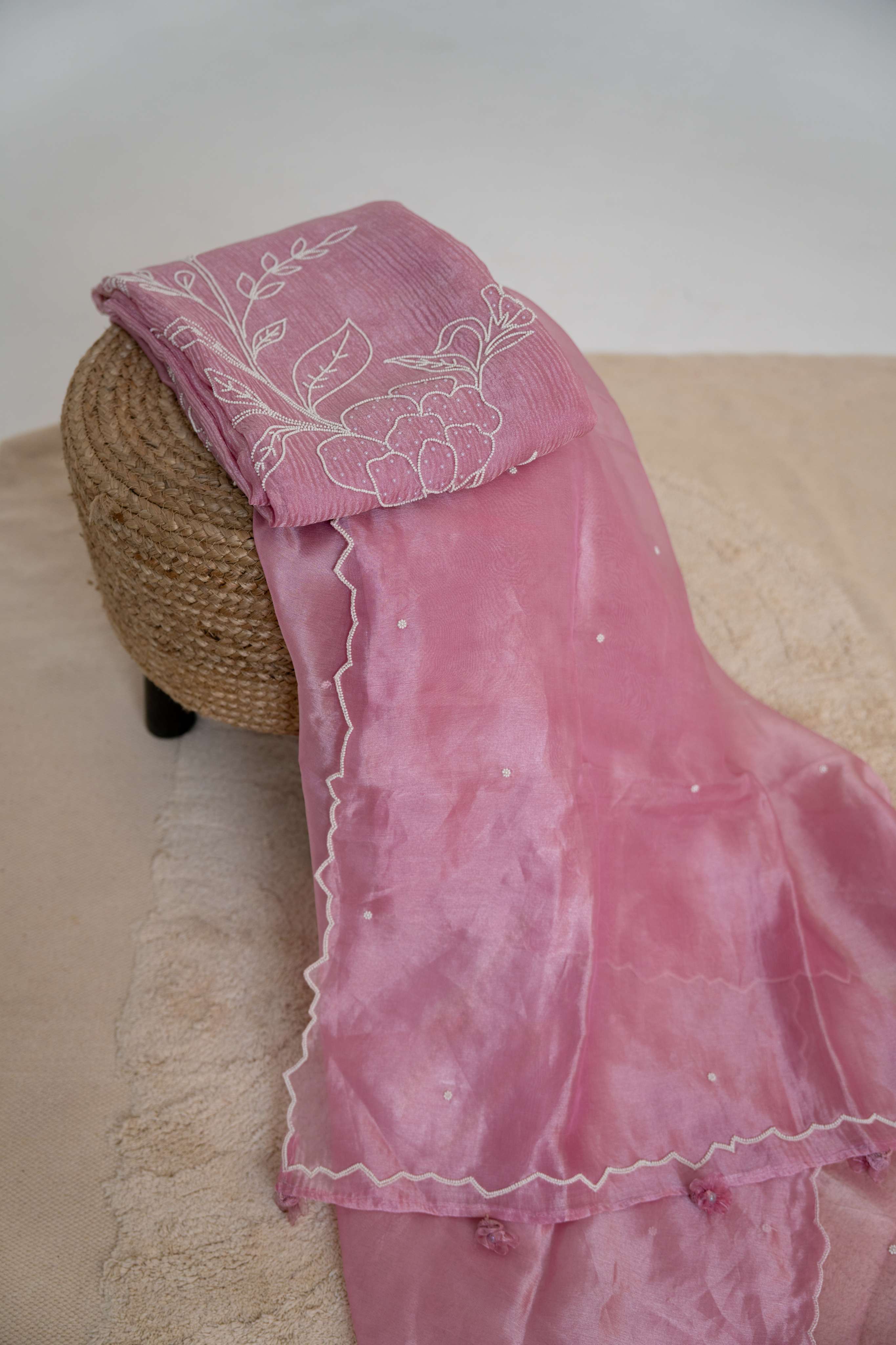 Aari Work on Pink Pure Crush Tissue Kurta and Dupatta with Bottom