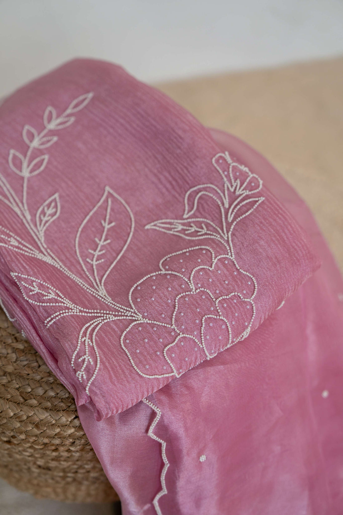 Aari Work on Pink Pure Crush Tissue Kurta and Dupatta with Bottom