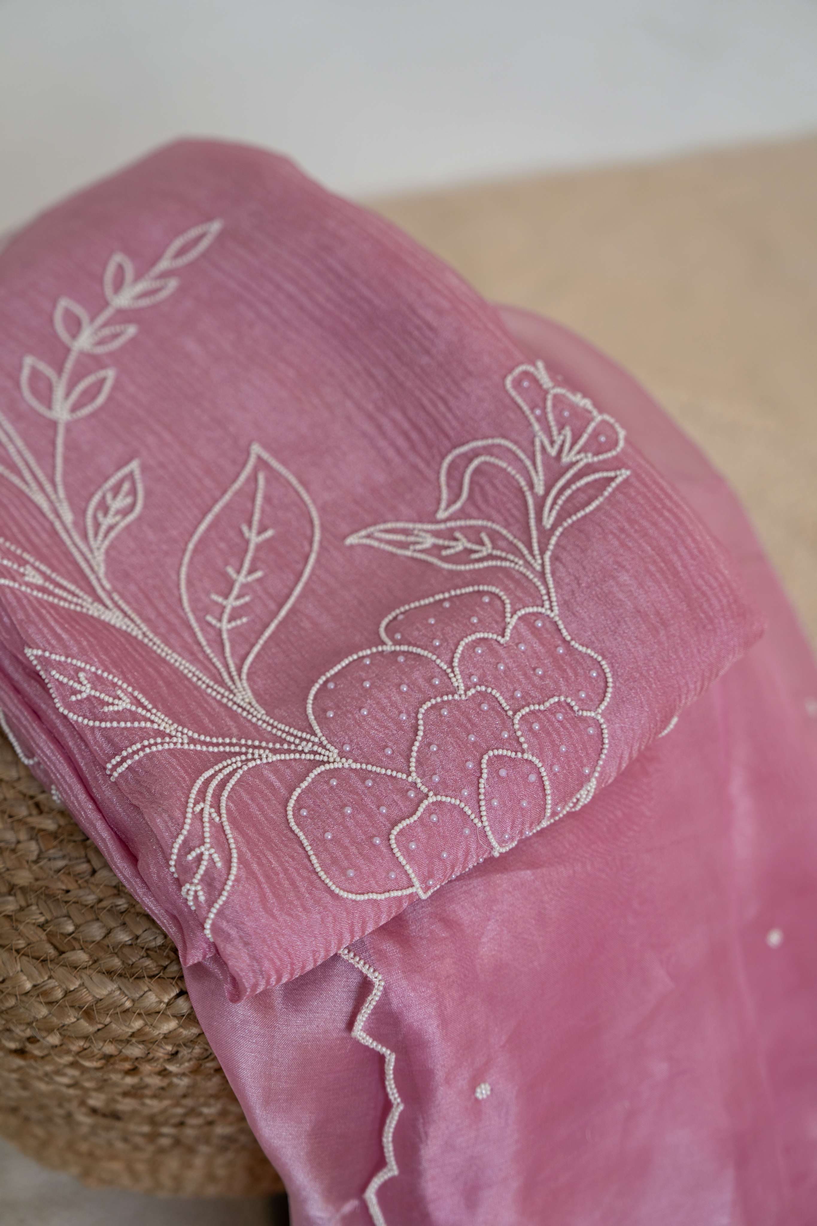 Aari Work on Pink Pure Crush Tissue Kurta and Dupatta with Bottom