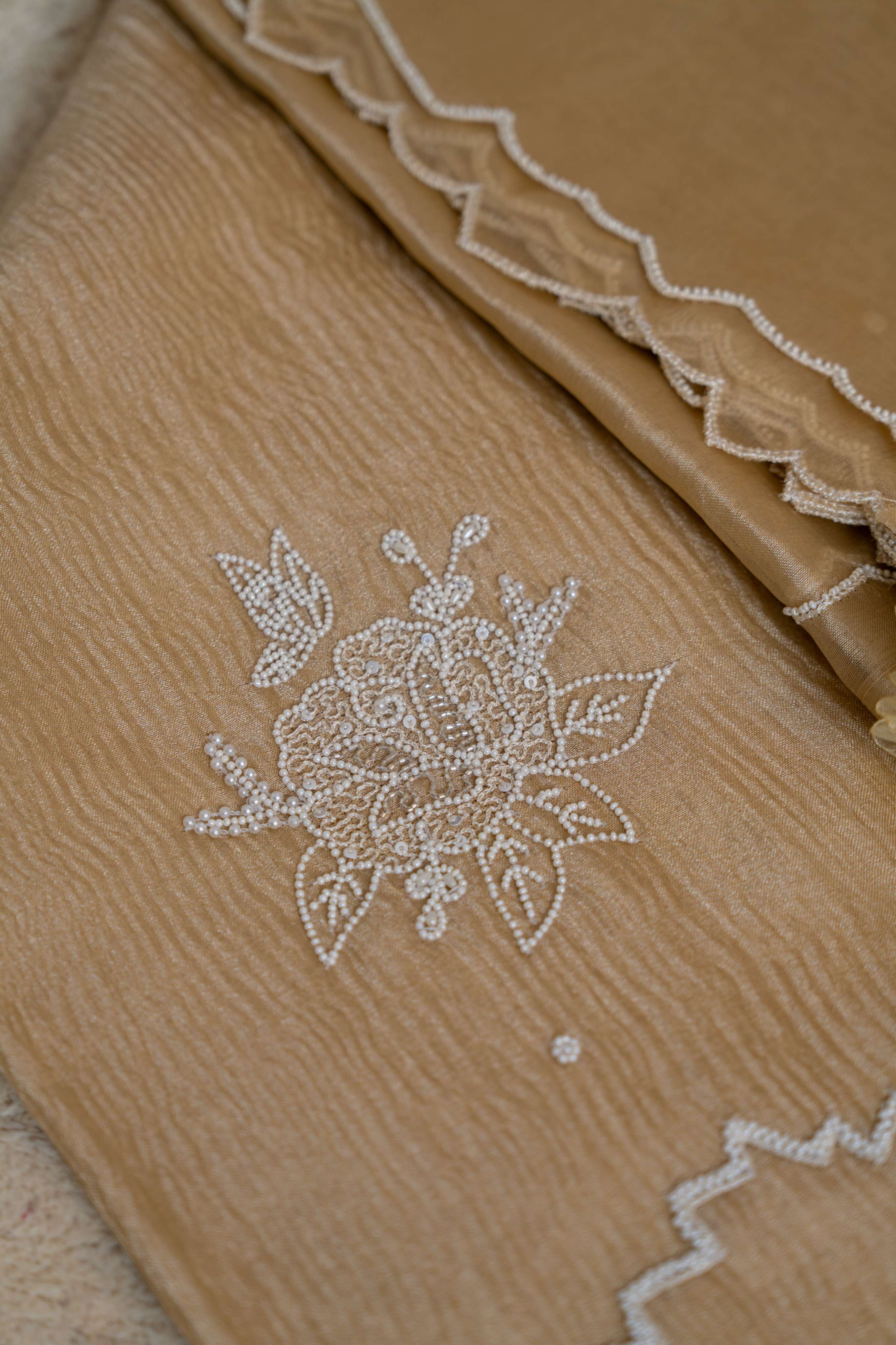 Aari Work on Golden Pure Crush Tissue Kurta and Dupatta with Bottom