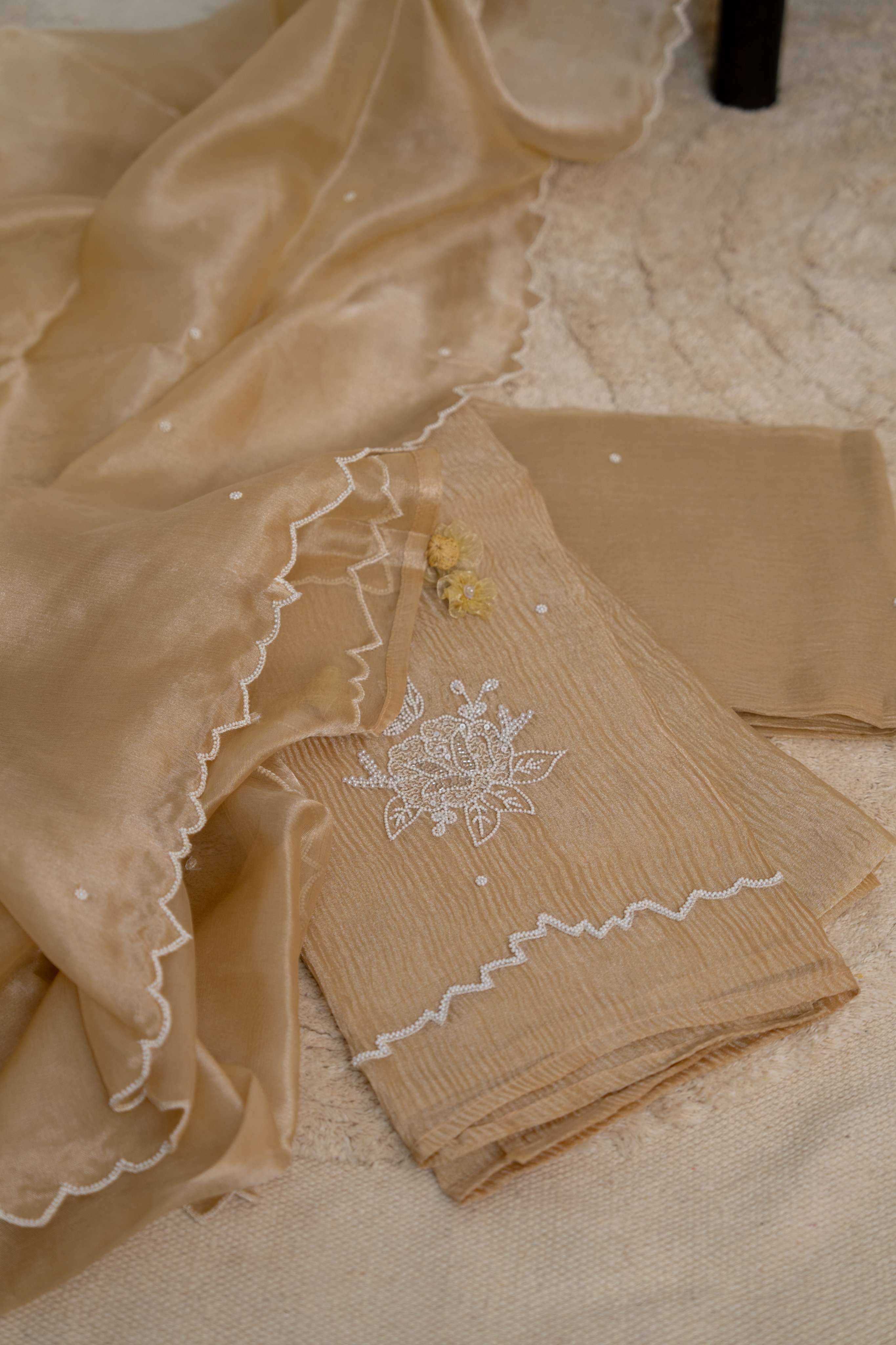 Aari Work on Golden Pure Crush Tissue Kurta and Dupatta with Bottom