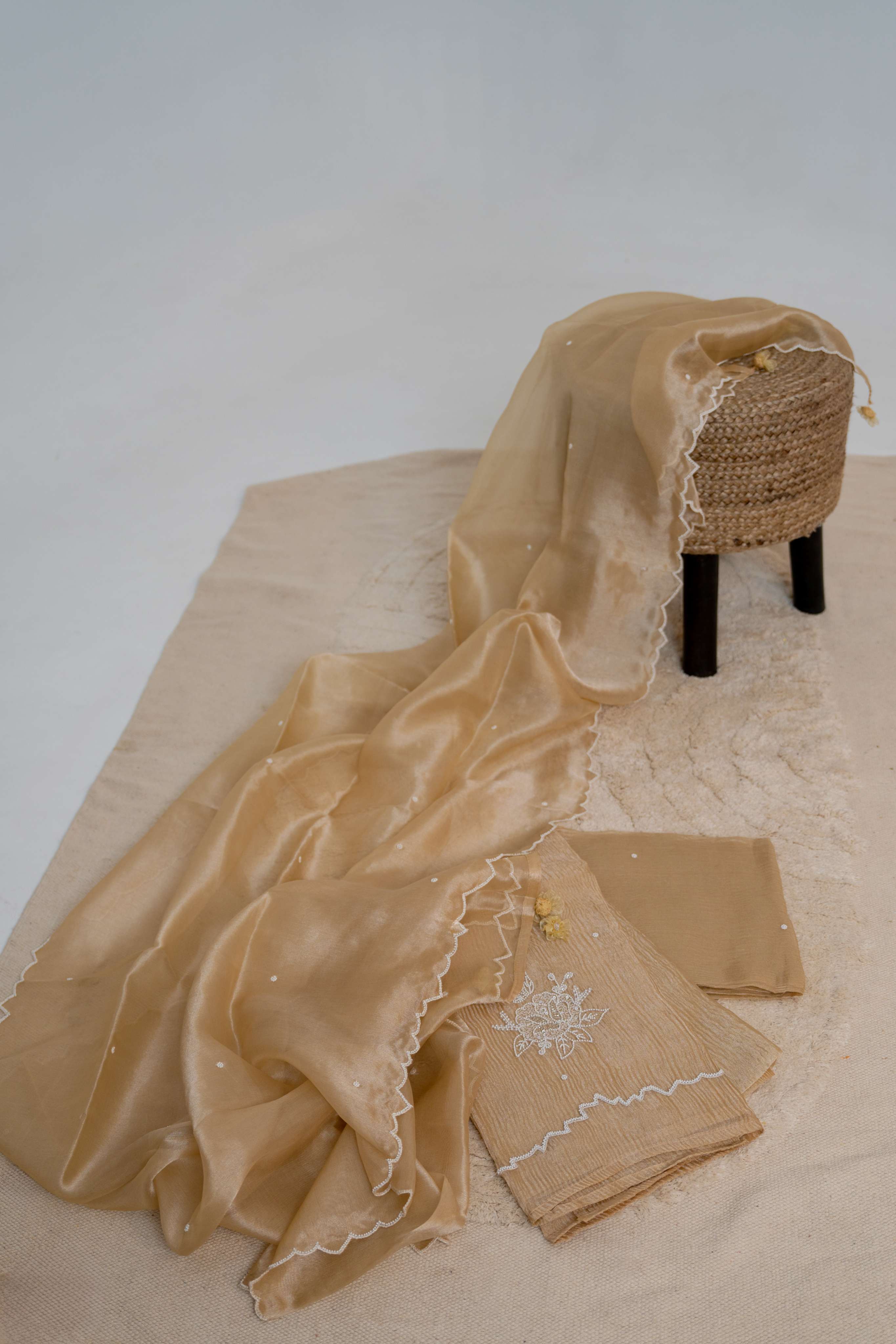 Aari Work on Golden Pure Crush Tissue Kurta and Dupatta with Bottom