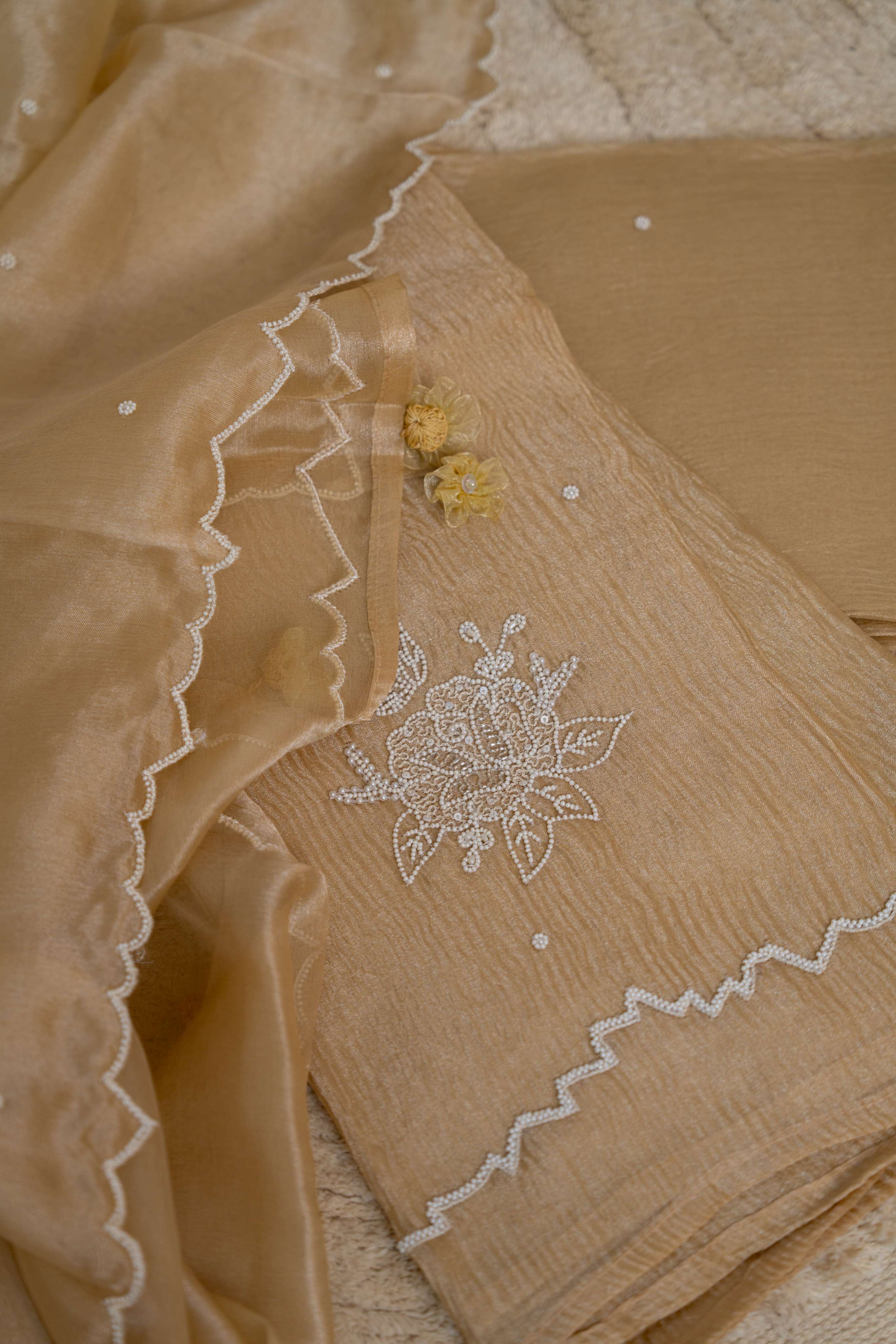 Aari Work on Golden Pure Crush Tissue Kurta and Dupatta with Bottom