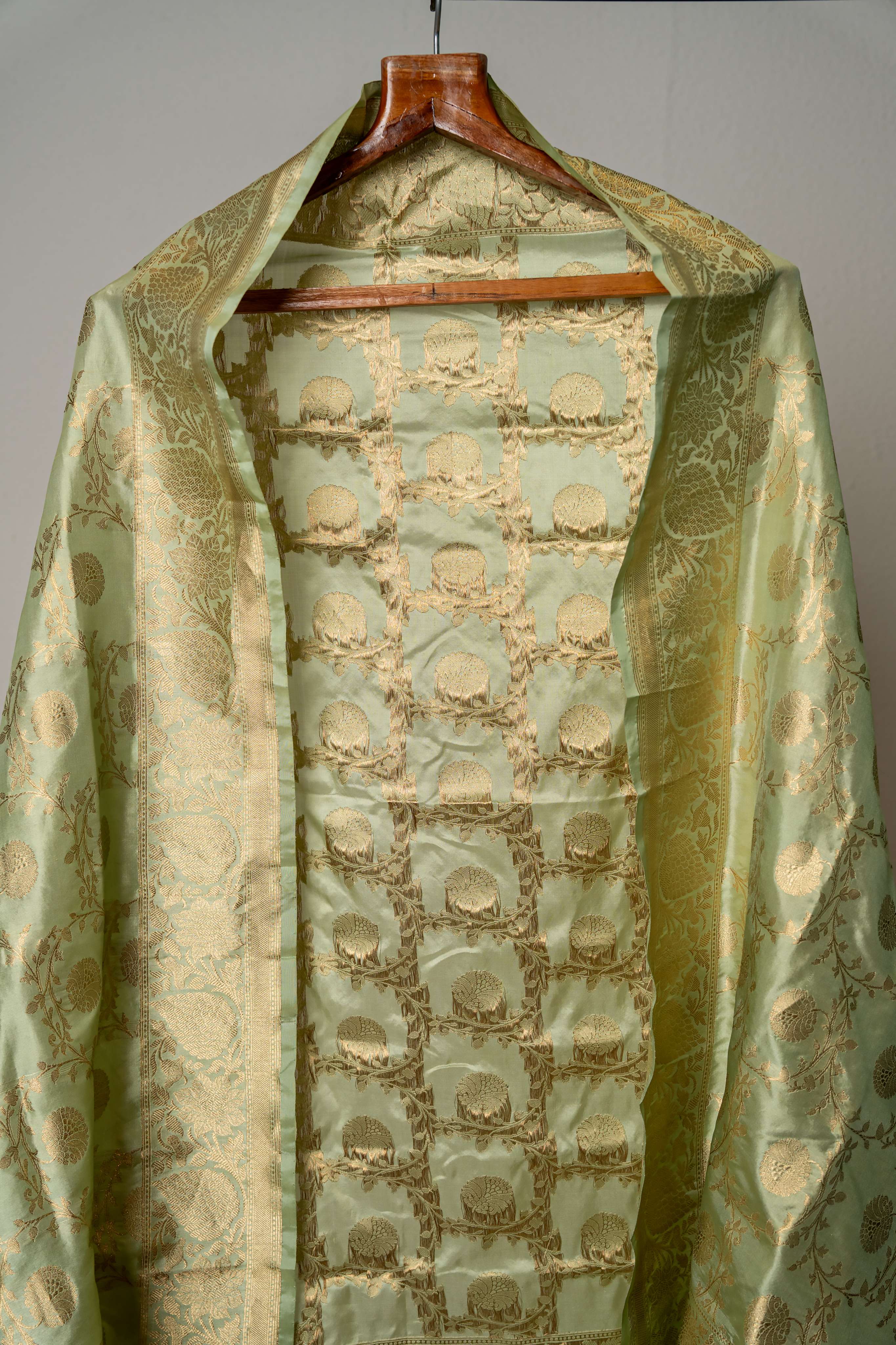 Light Pistachio Kadwa Jaal Pure Silk  Banarasi Dupatta