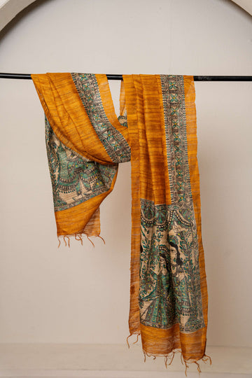 Mustard Yellow Tussar Silk Madhubani Print Stole