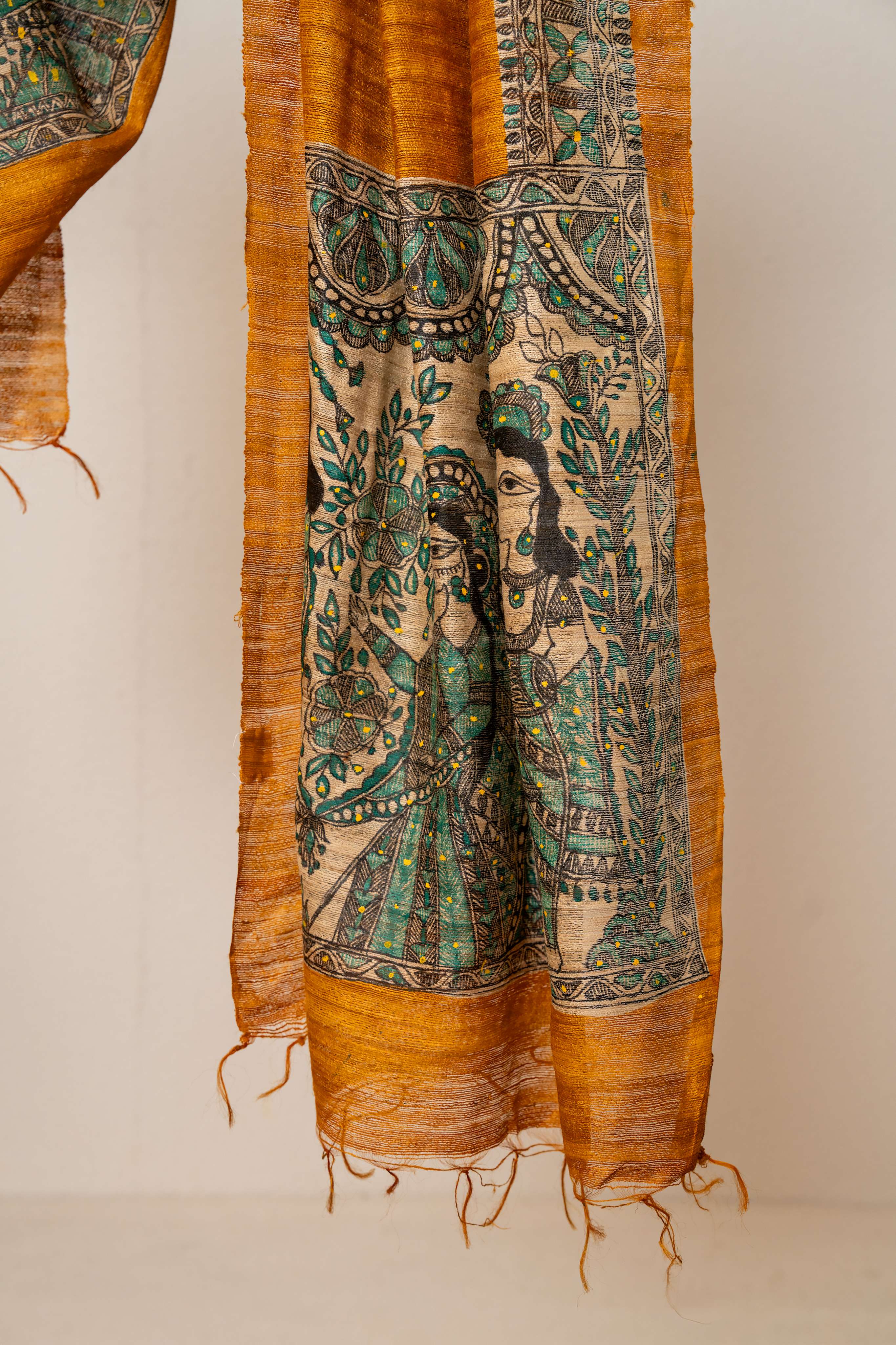 Mustard Yellow Tussar Silk Madhubani Print Stole