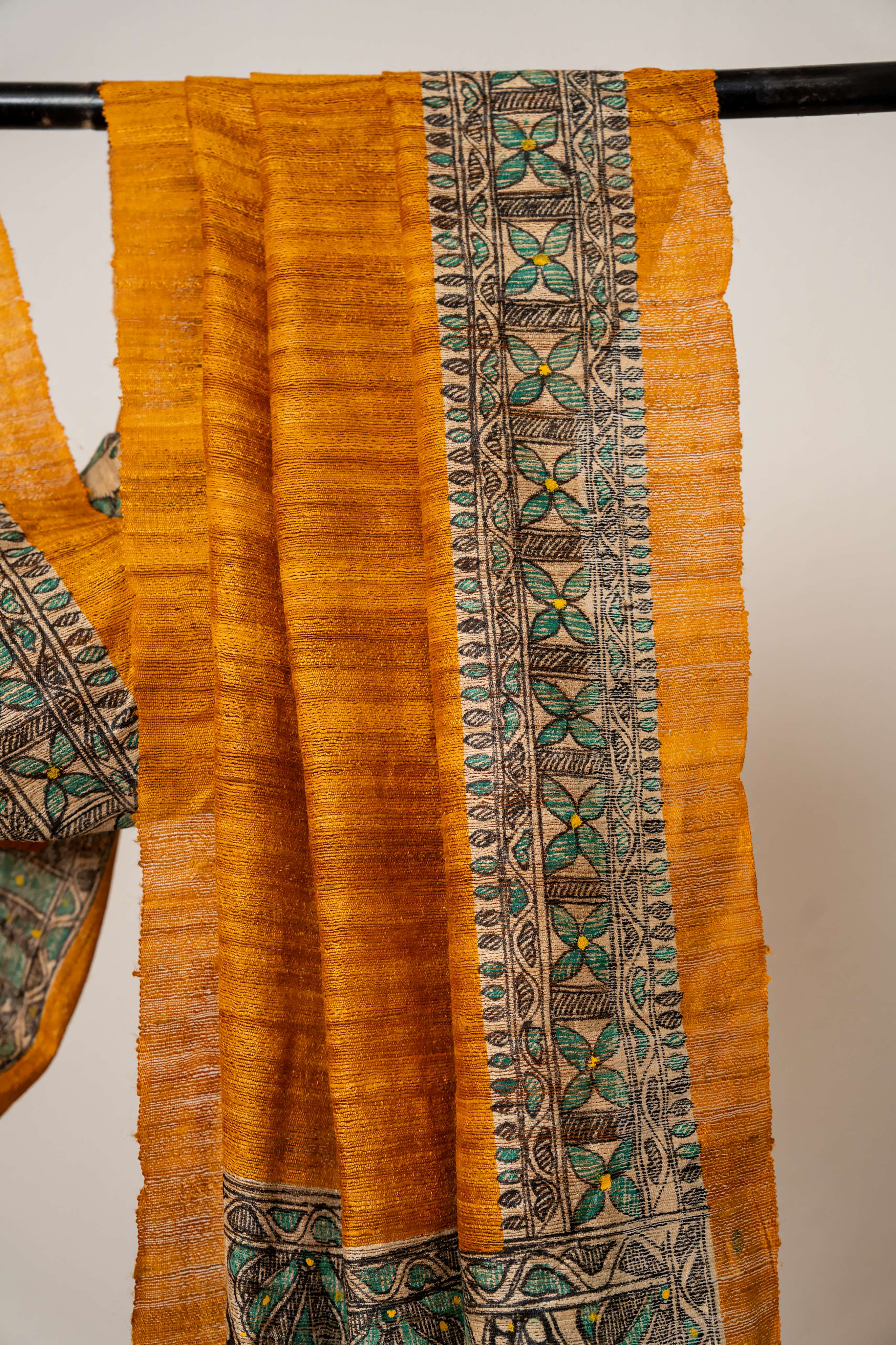 Mustard Yellow Tussar Silk Madhubani Print Stole