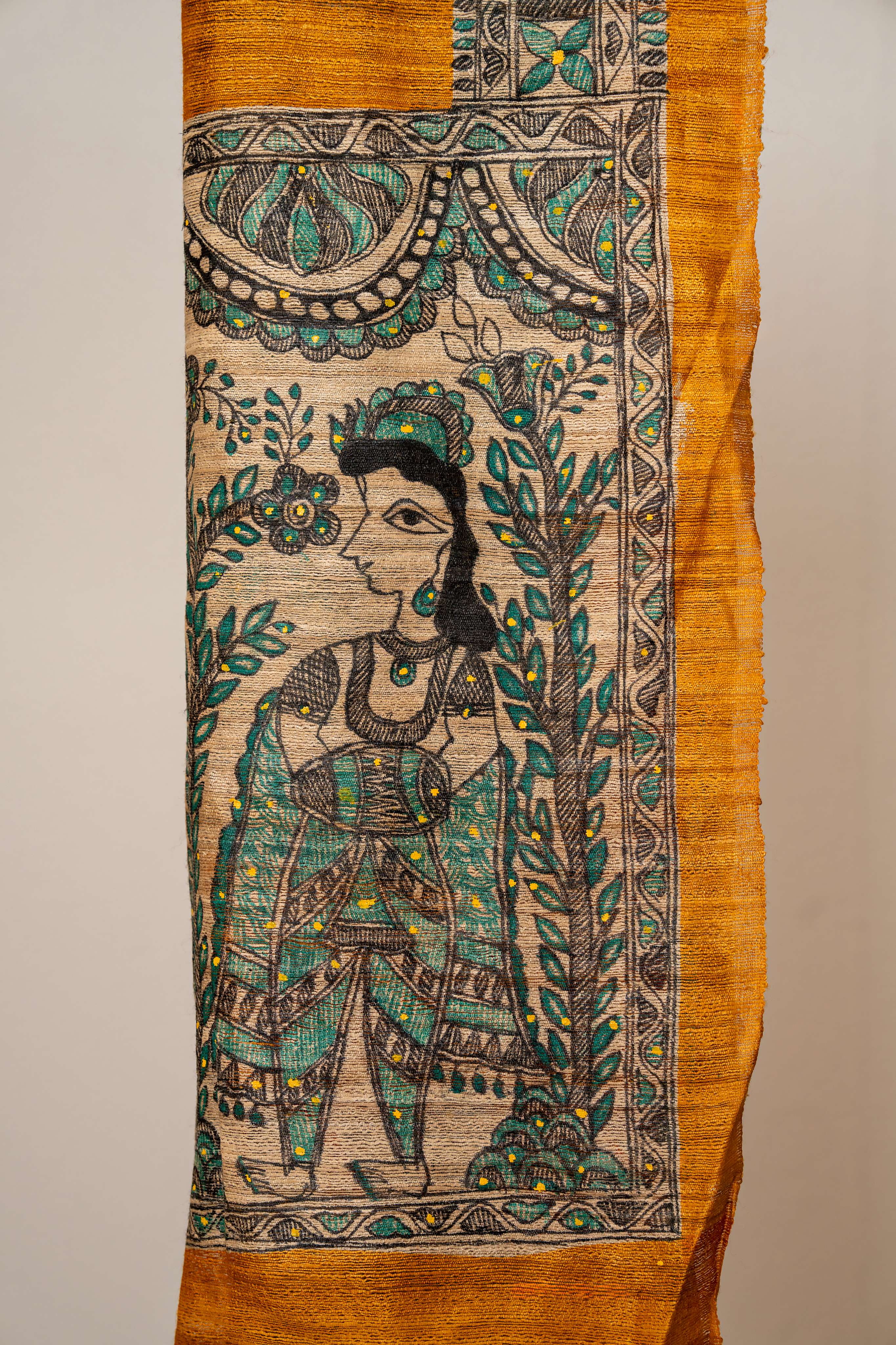 Mustard Yellow Tussar Silk Madhubani Print Stole