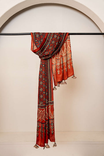 Rust color Modal satin Ajrakh print stole