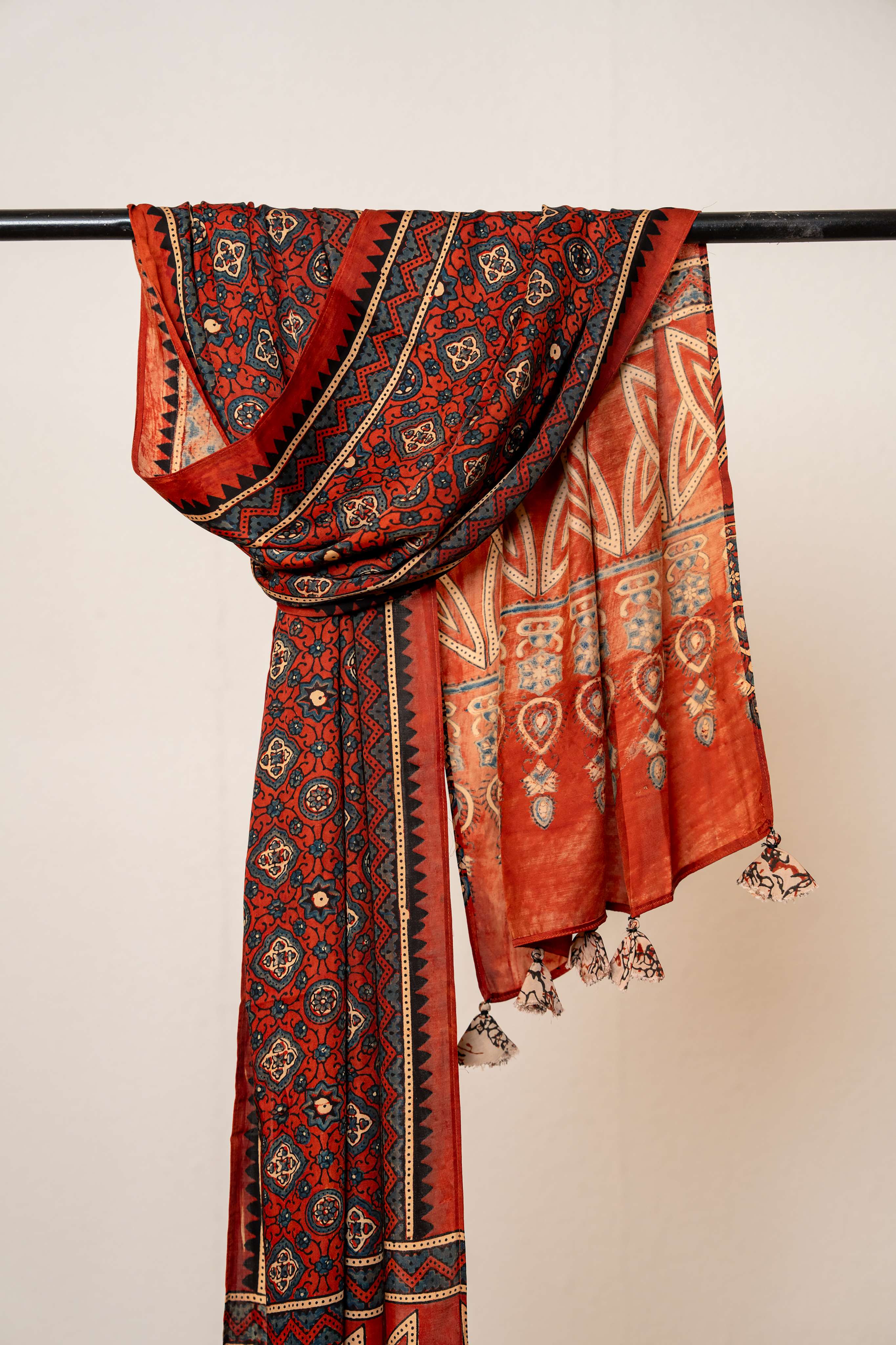 Rust color Modal satin Ajrakh print stole