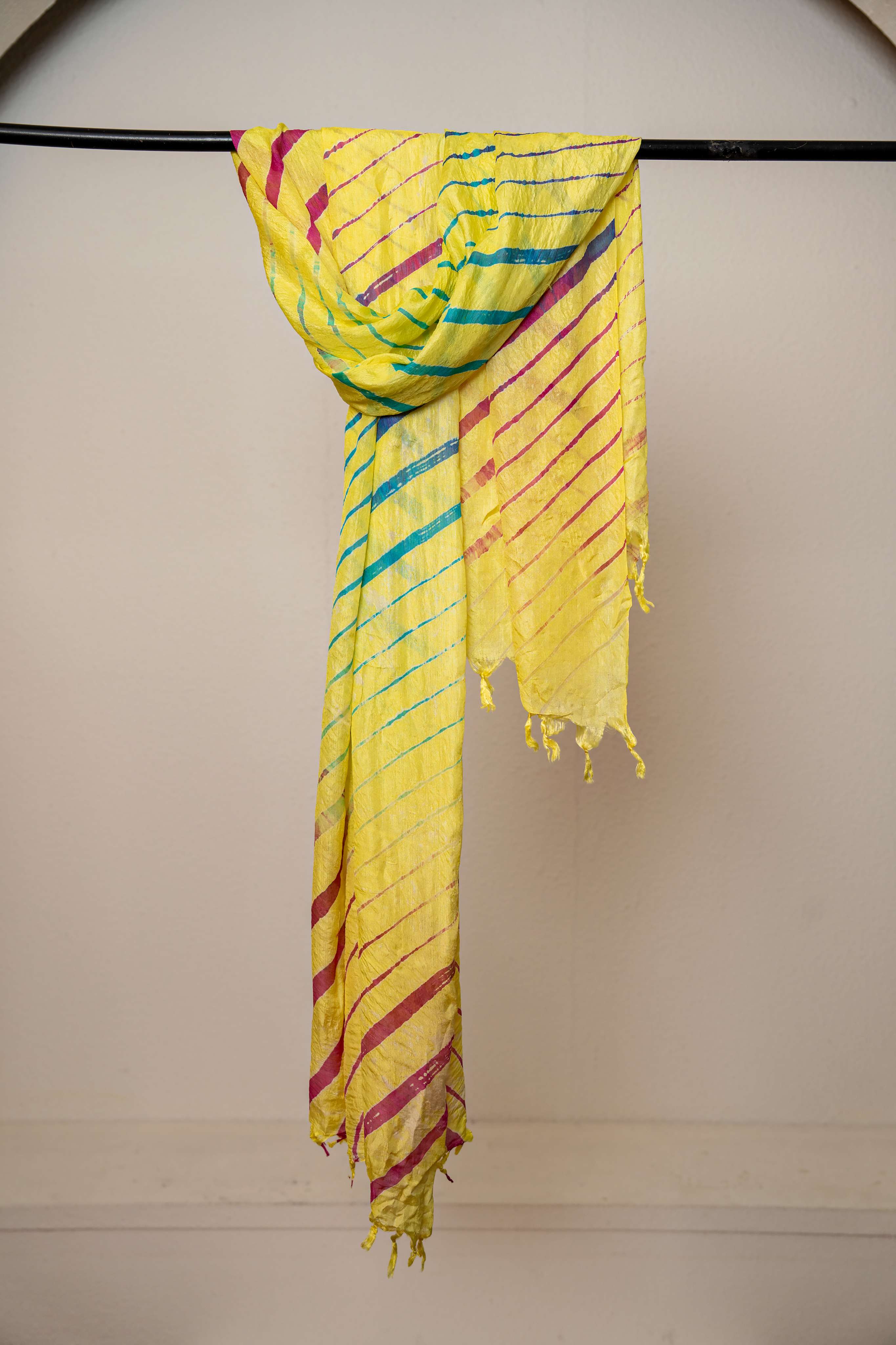 Yellow Color  Hand tied Multicolored Lehariya Pure Silk Stole