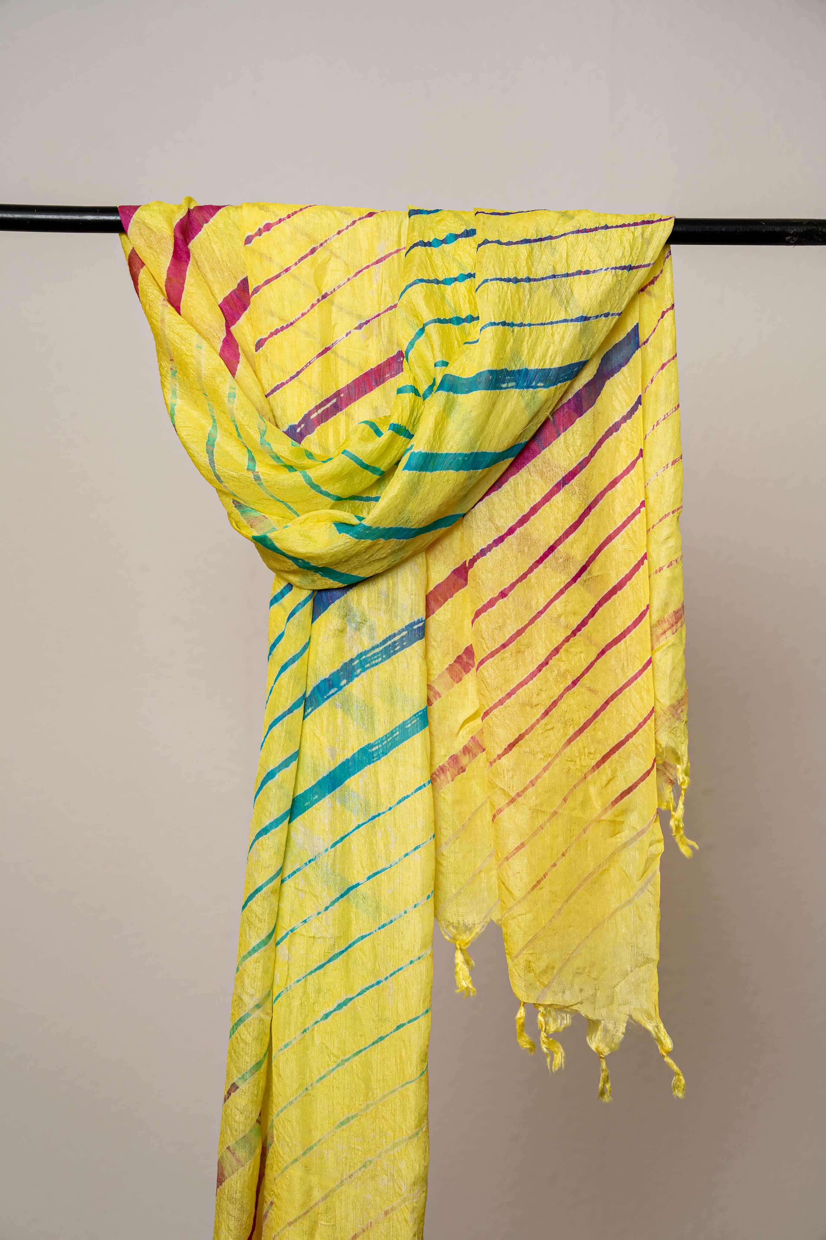 Yellow Color  Hand tied Multicolored Lehariya Pure Silk Stole