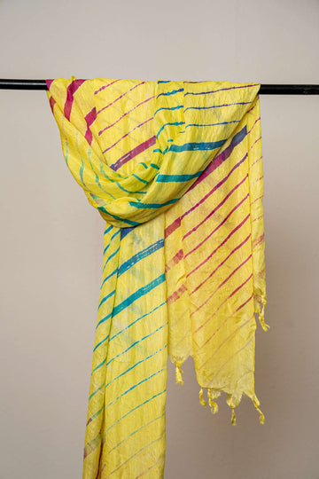Yellow Color  Hand tied Multicolored Lehariya Pure Silk Stole