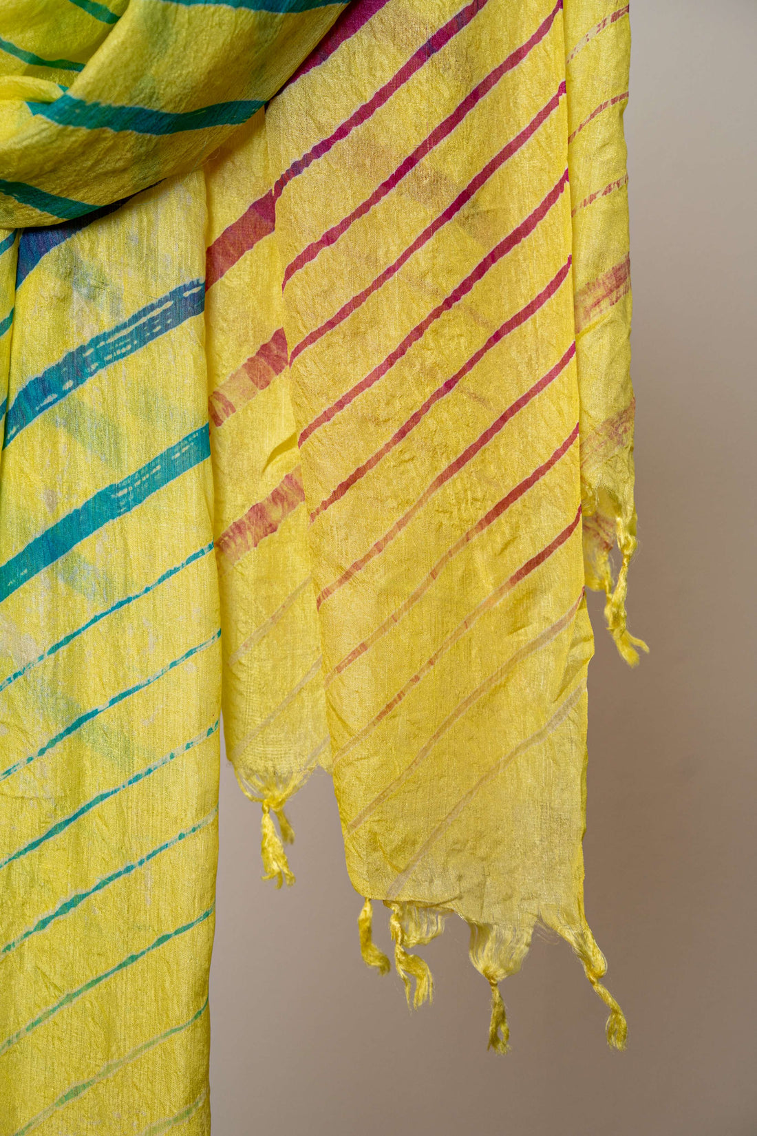 Yellow Color  Hand tied Multicolored Lehariya Pure Silk Stole