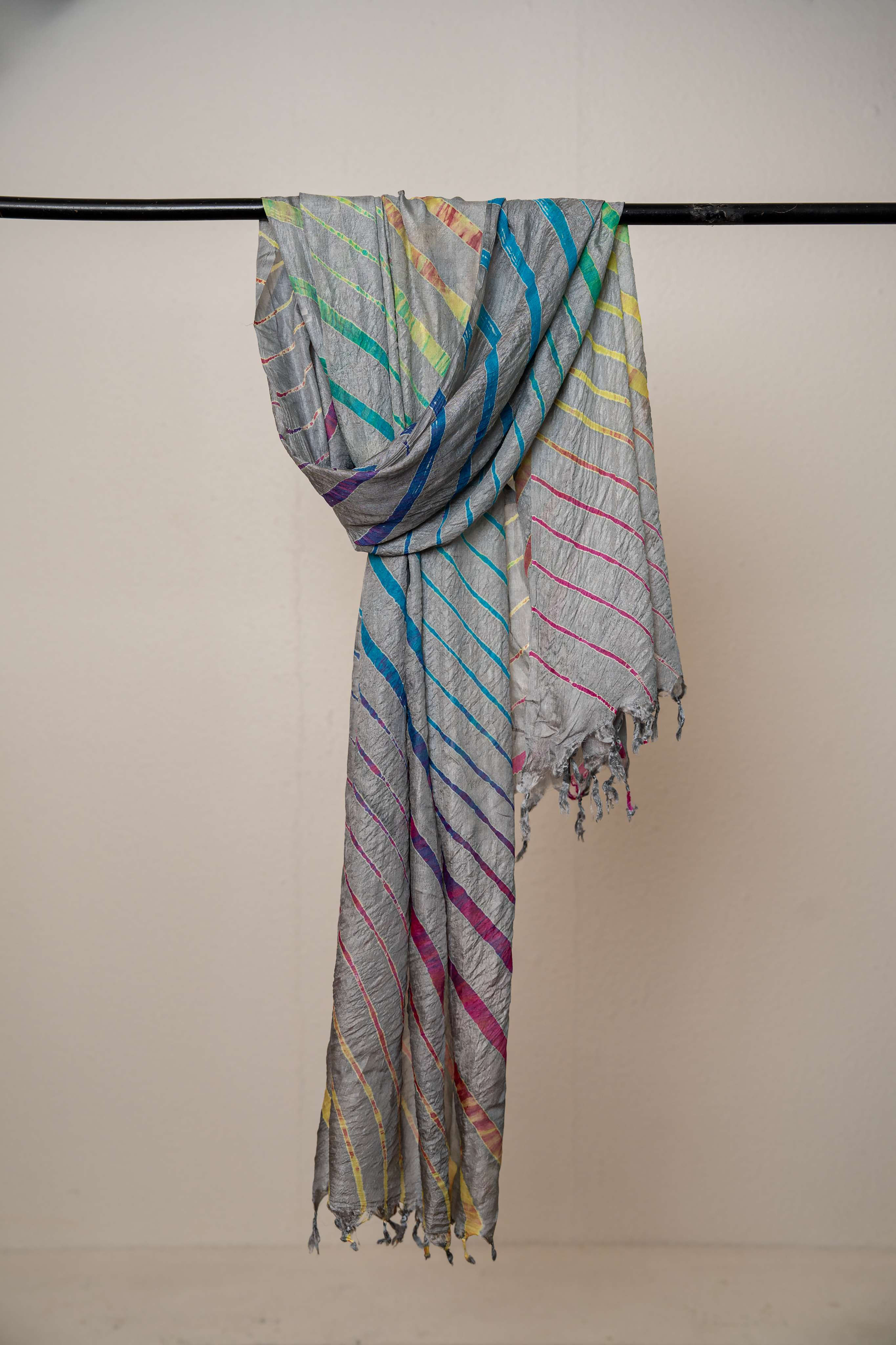 Grey color Hand tied Multicolored lehariya Pure Silk Stole
