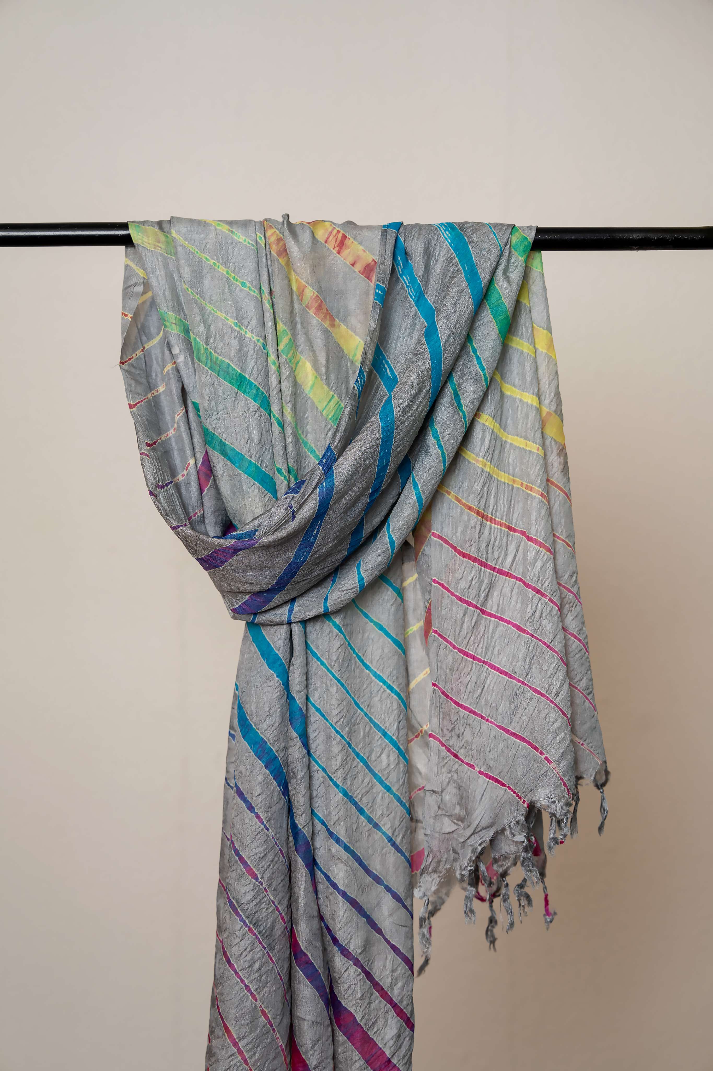 Grey color Hand tied Multicolored lehariya Pure Silk Stole