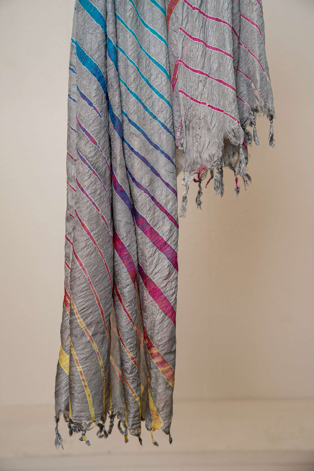 Grey color Hand tied Multicolored lehariya Pure Silk Stole