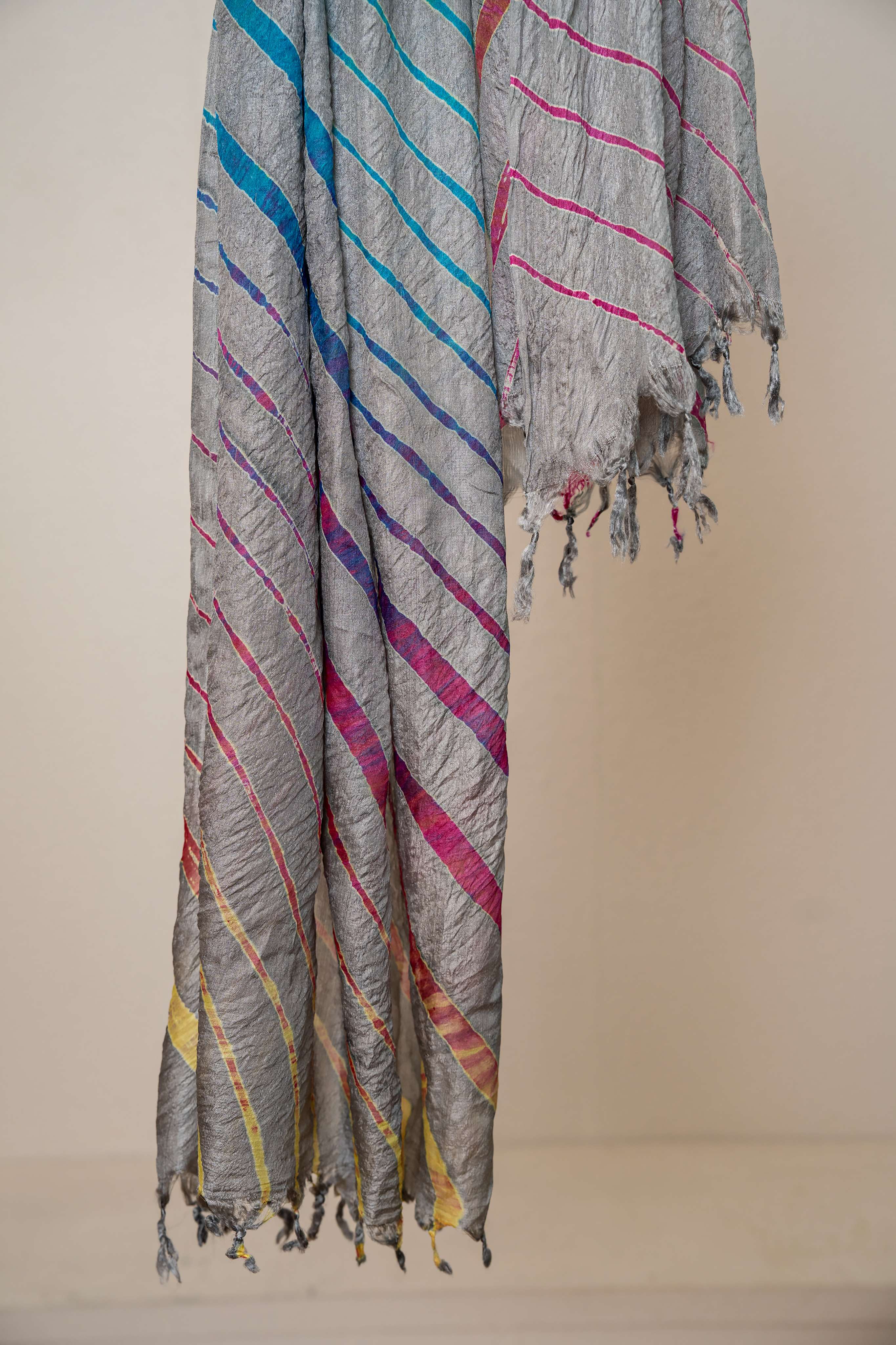 Grey color Hand tied Multicolored lehariya Pure Silk Stole