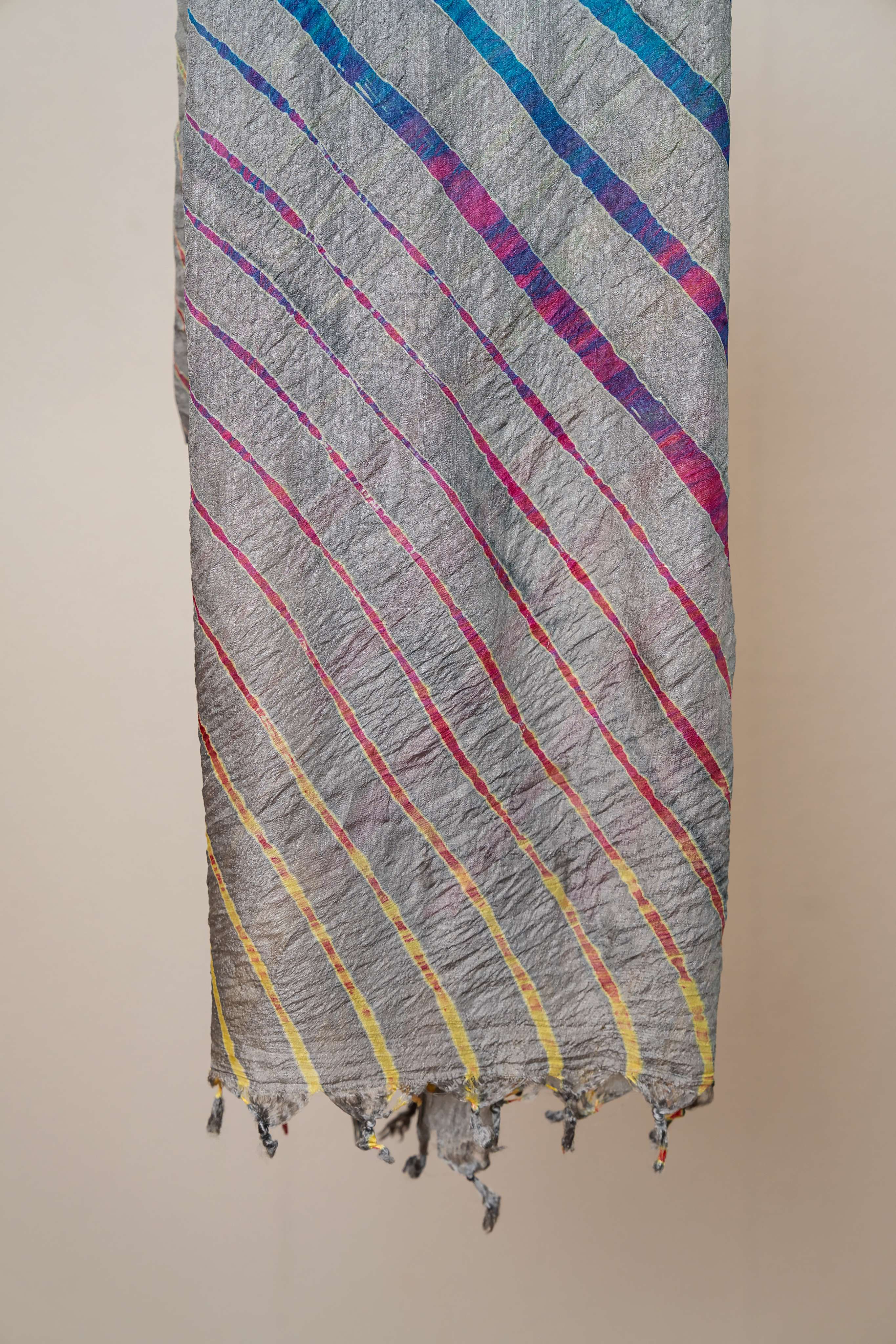Grey color Hand tied Multicolored lehariya Pure Silk Stole