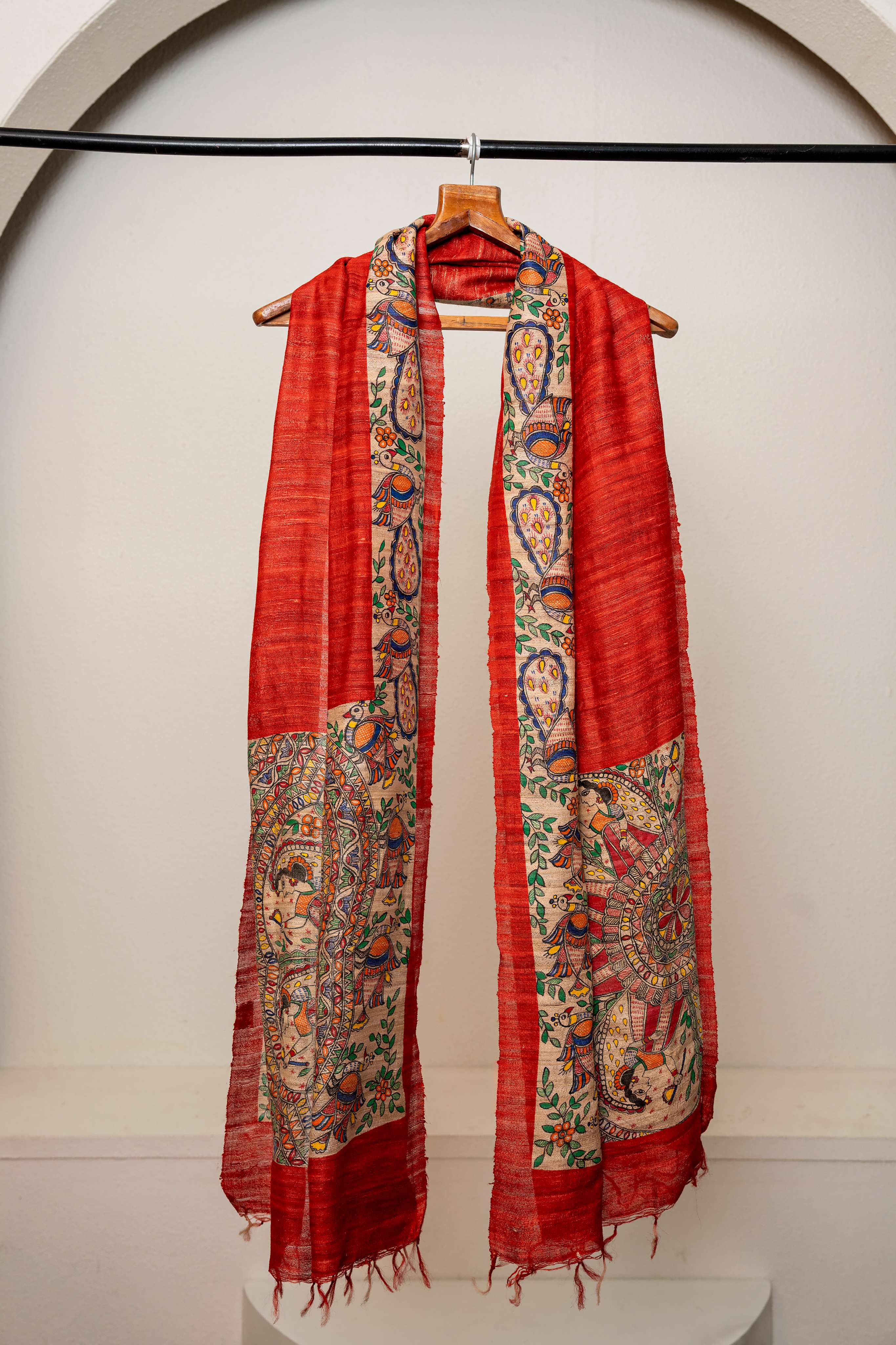 Madhubani Art Red tussar stole