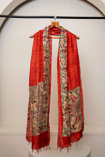 Madhubani Art Red tussar stole