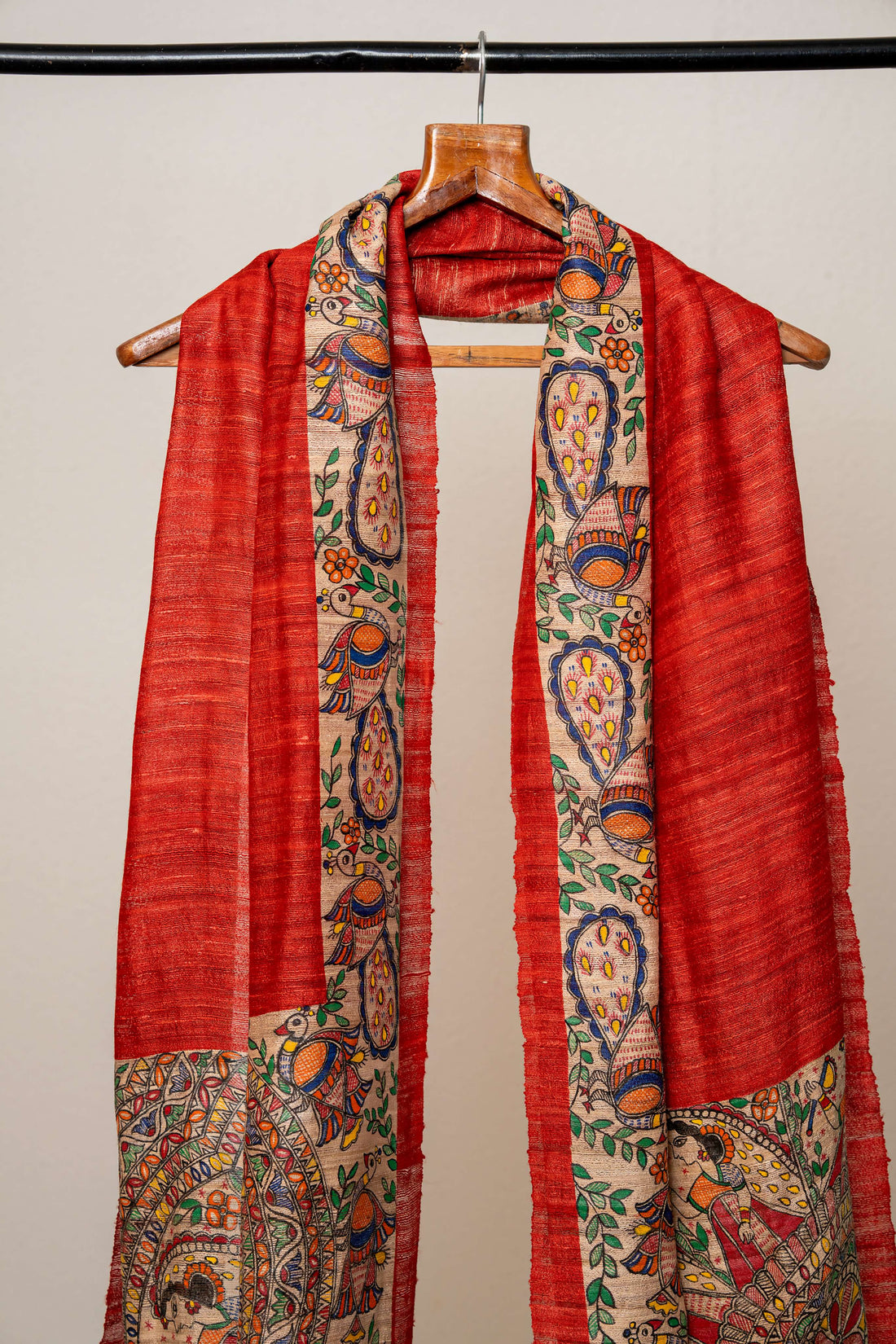 Madhubani Art Red tussar stole