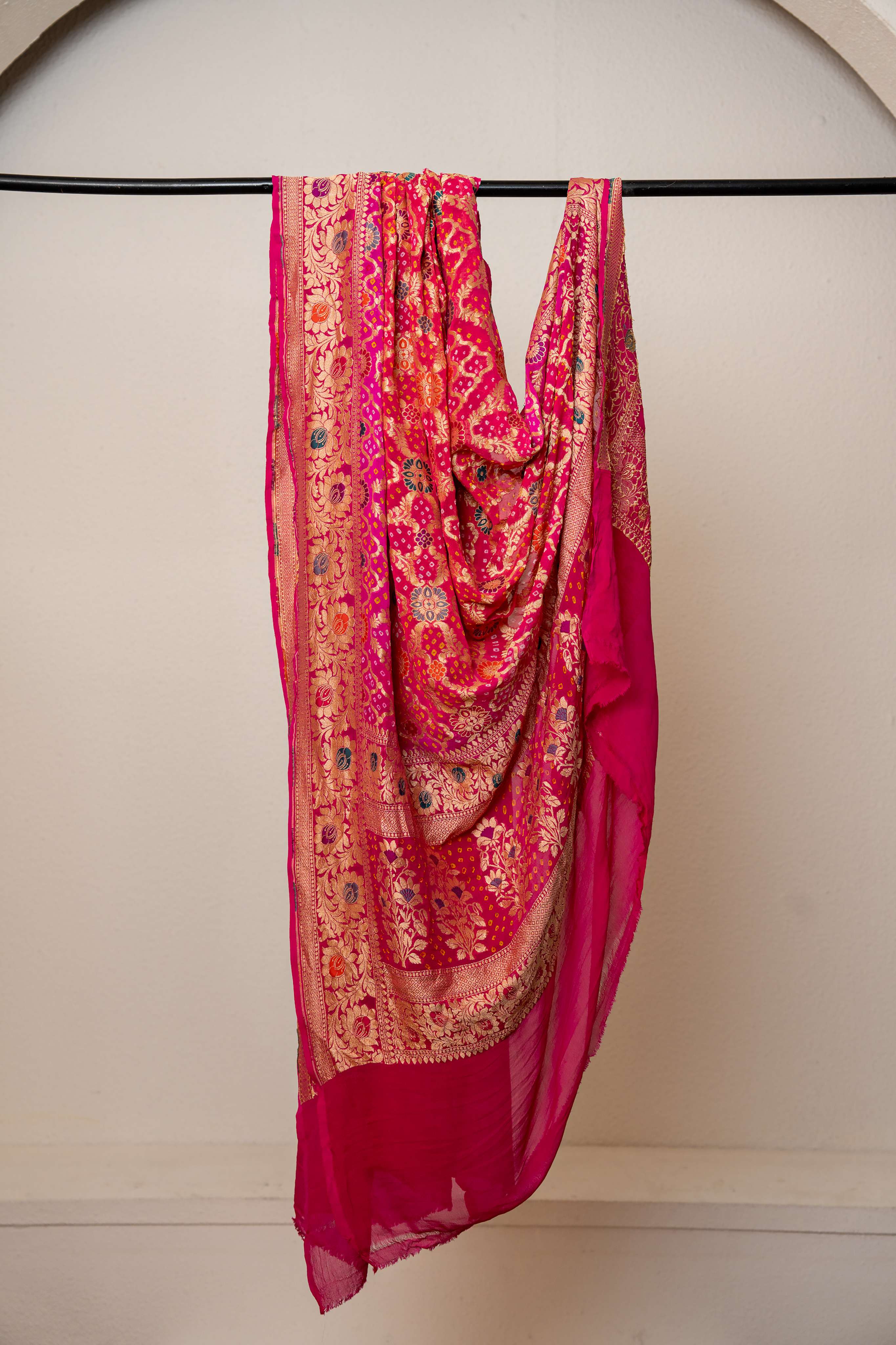 Fuschia Pink Pure Khaddi Georgette Meenakari Neemzari Bandhej Dupatta