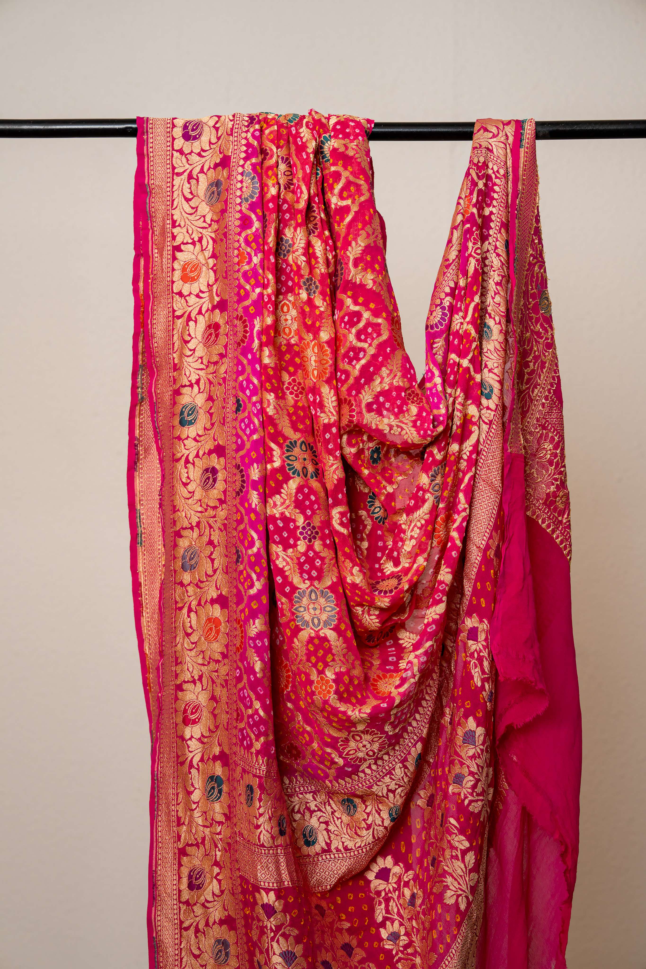 Fuschia Pink Pure Khaddi Georgette Meenakari Neemzari Bandhej Dupatta
