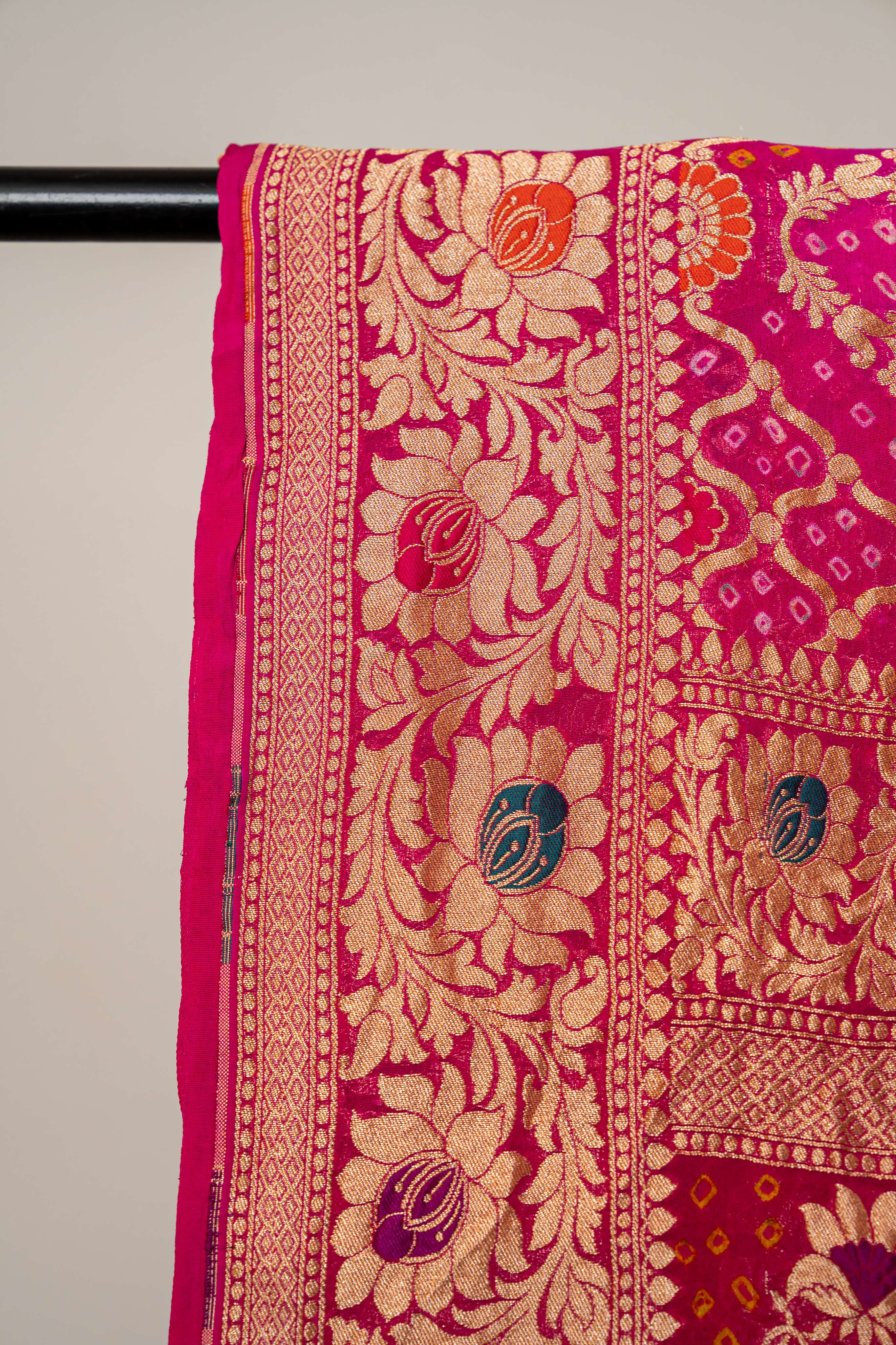 Fuschia Pink Pure Khaddi Georgette Meenakari Neemzari Bandhej Dupatta