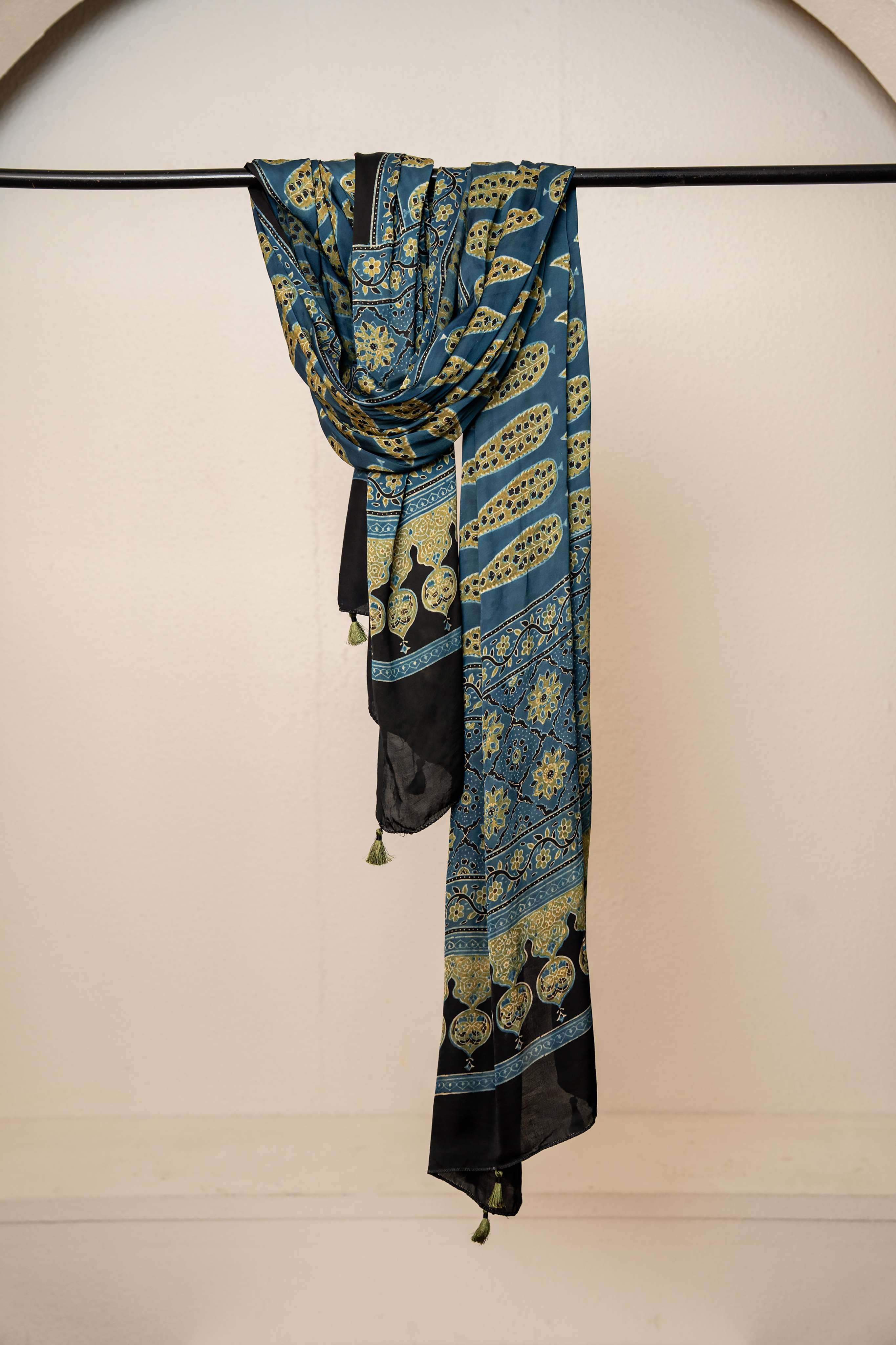 Ajrakh Print Modal Silk Hand Block Print Indigo and Black Dupatta