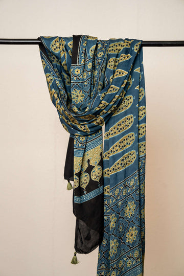 Ajrakh Print Modal Silk Hand Block Print Indigo and Black Dupatta