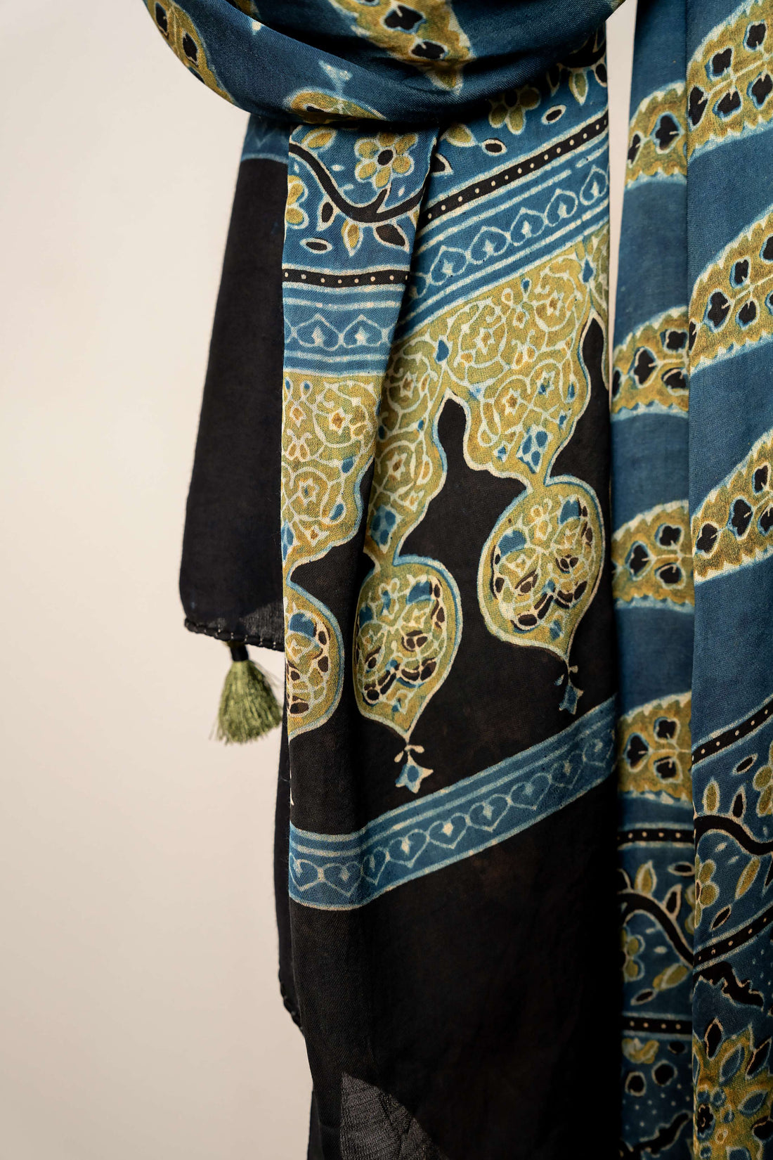 Ajrakh Print Modal Silk Hand Block Print Indigo and Black Dupatta