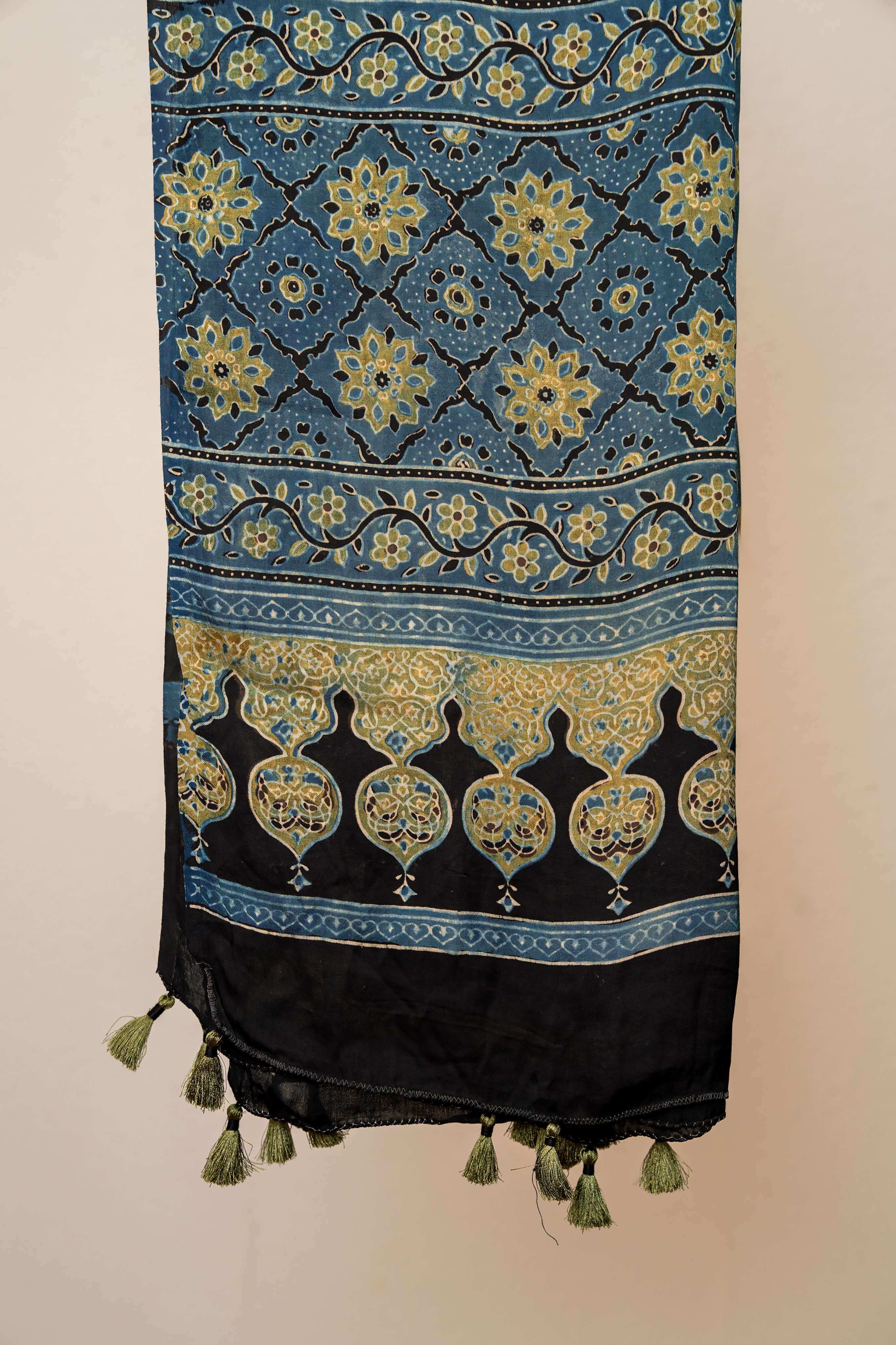 Ajrakh Print Modal Silk Hand Block Print Indigo and Black Dupatta