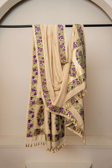 Natural Color Chiffon Muga Silk Meenakari Multicolor Weaving Border and Zari Jaal Dupatta