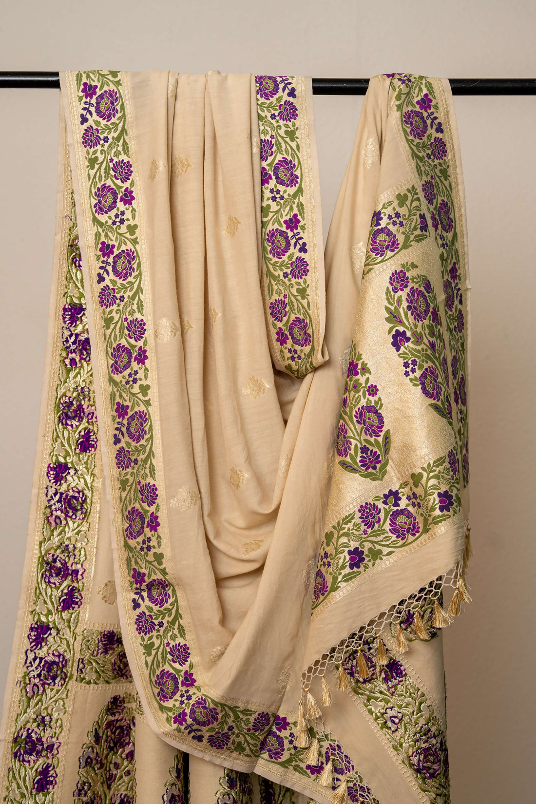Natural Color Chiffon Muga Silk Meenakari Multicolor Weaving Border and Zari Jaal Dupatta