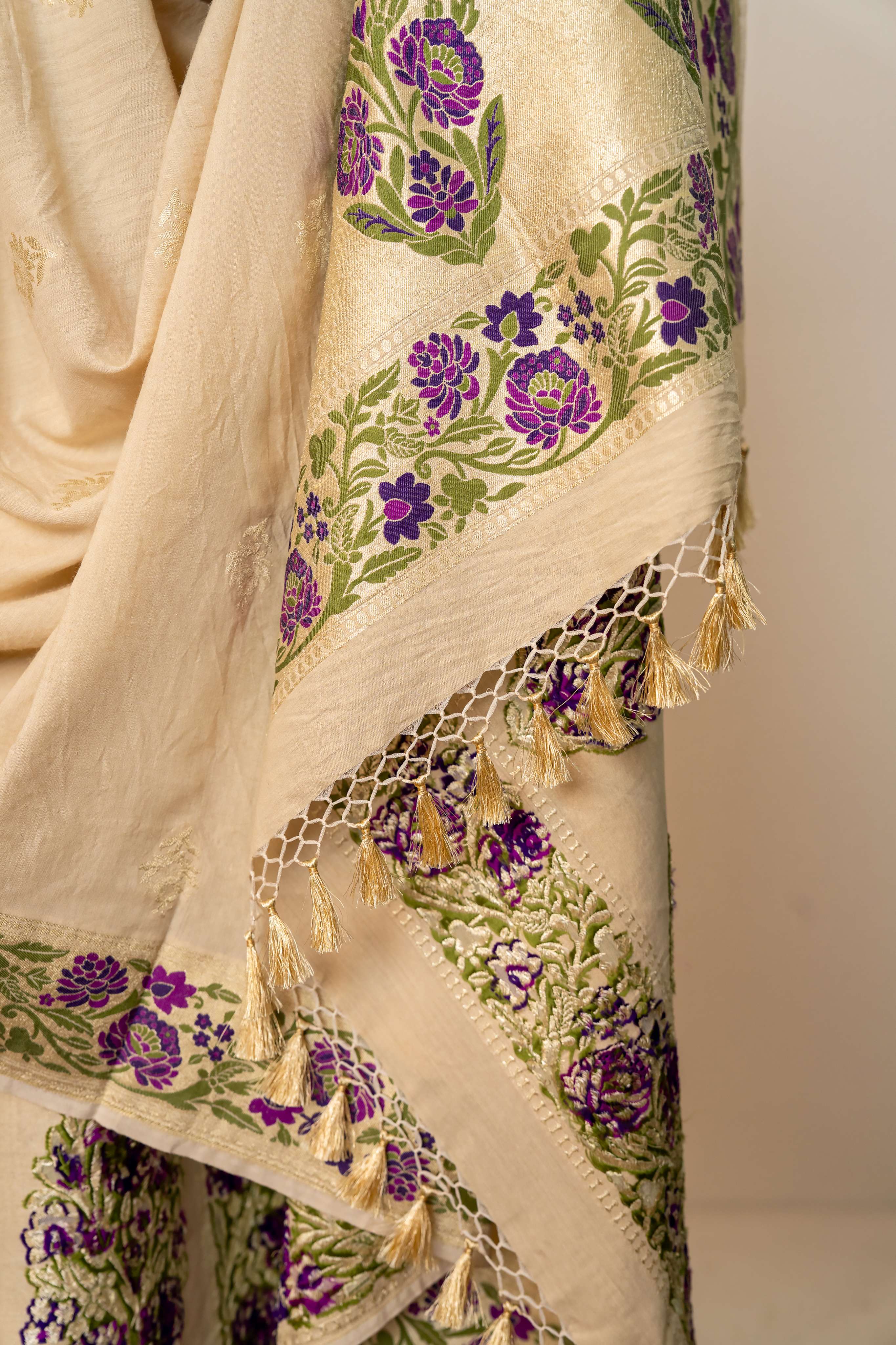 Natural Color Chiffon Muga Silk Meenakari Multicolor Weaving Border and Zari Jaal Dupatta