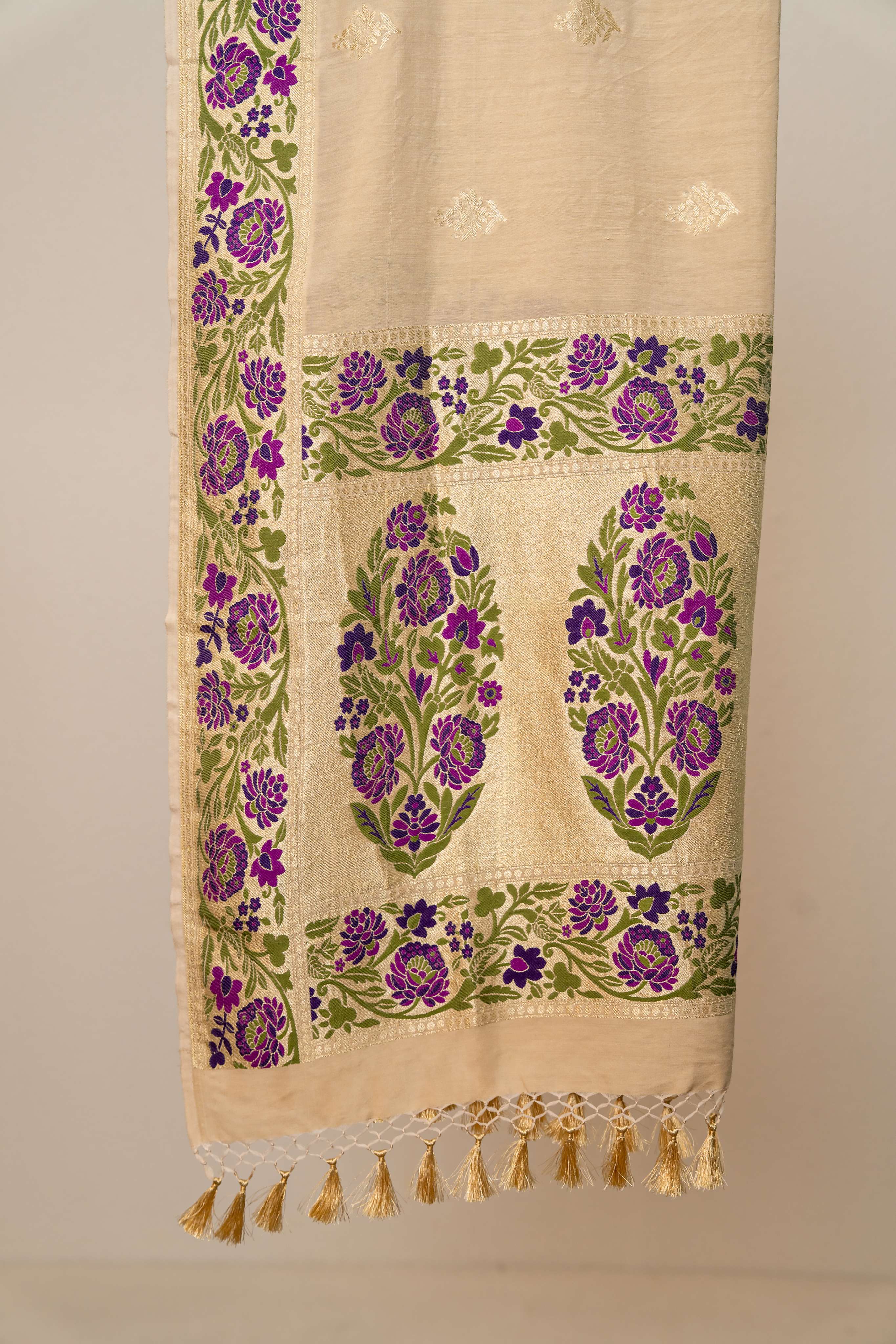 Natural Color Chiffon Muga Silk Meenakari Multicolor Weaving Border and Zari Jaal Dupatta