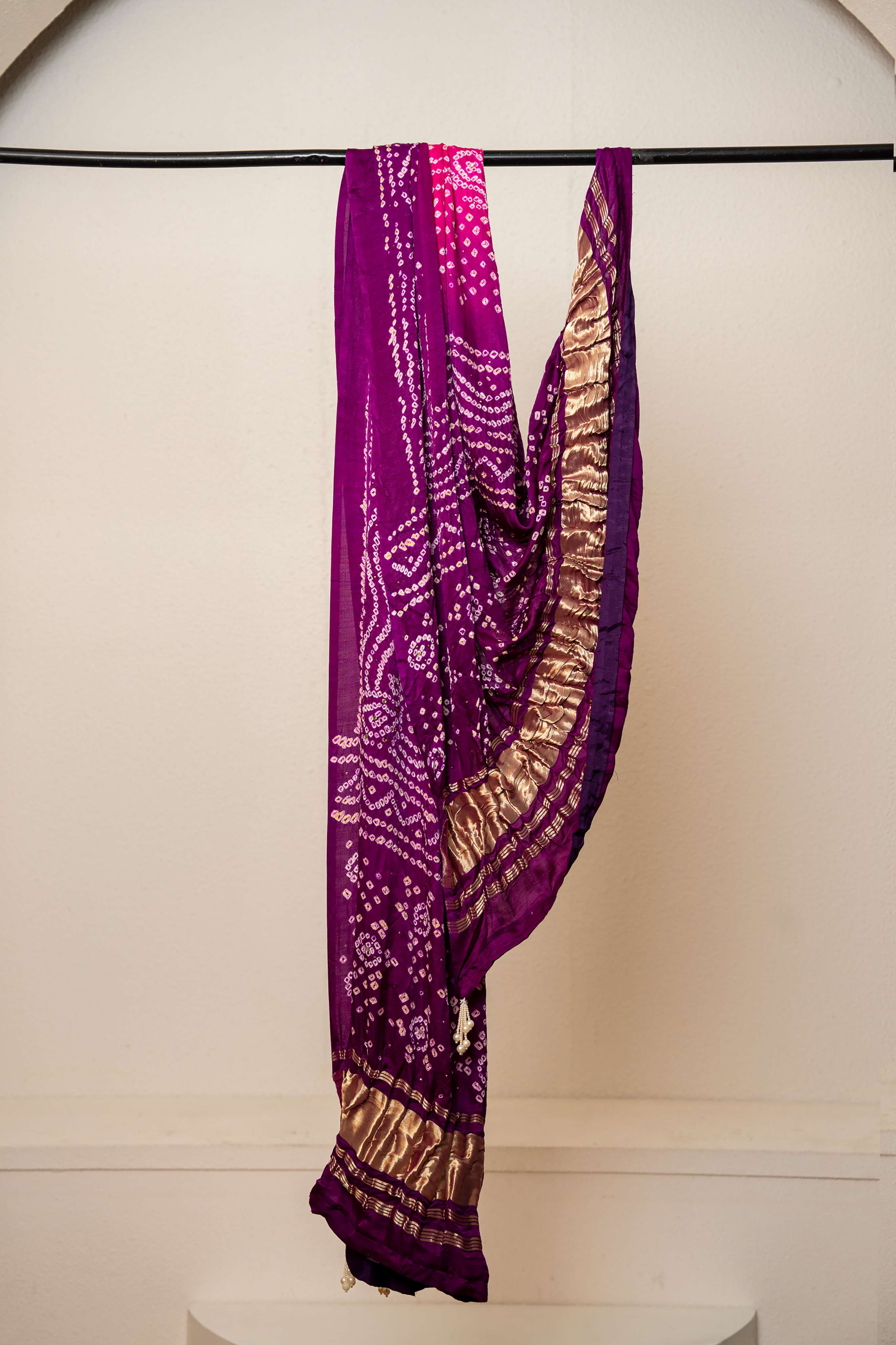 Purple and Pink Pure Gajji Silk bandhni Lakdi Patta Dupatta with Mukaish Work