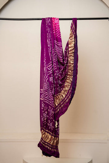 Purple and Pink Pure Gajji Silk bandhni Lakdi Patta Dupatta with Mukaish Work