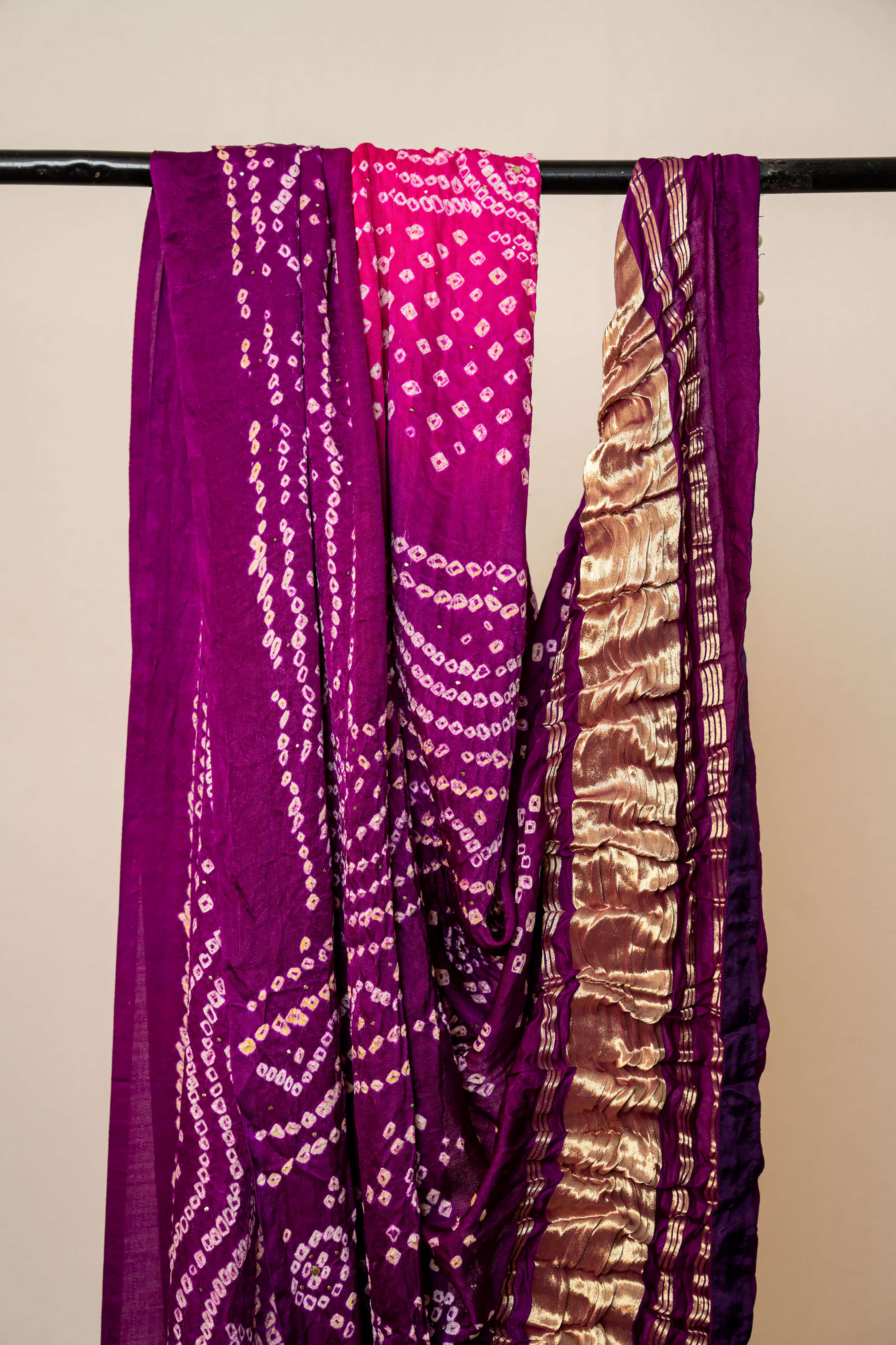 Purple and Pink Pure Gajji Silk bandhni Lakdi Patta Dupatta with Mukaish Work