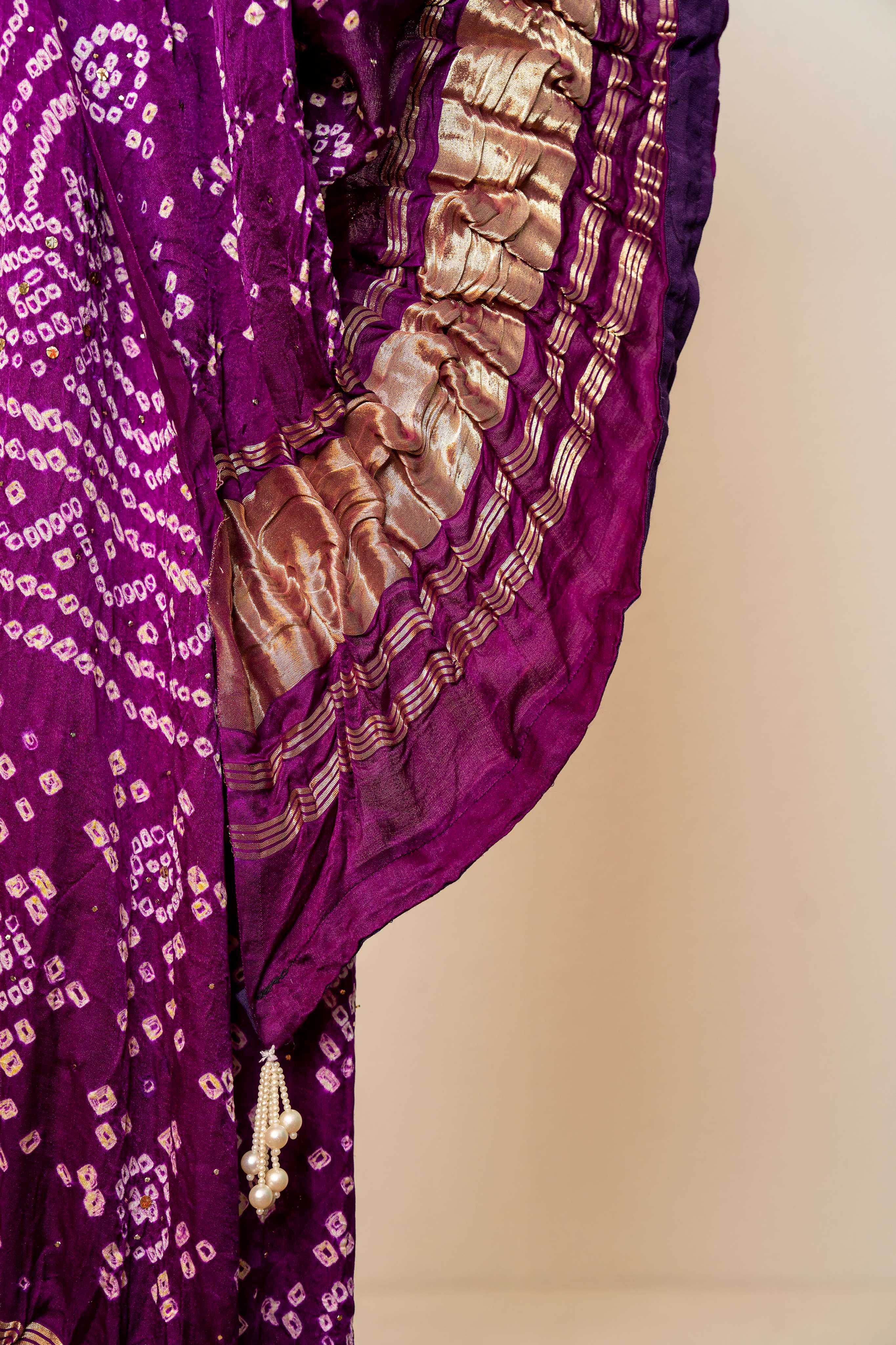Purple and Pink Pure Gajji Silk bandhni Lakdi Patta Dupatta with Mukaish Work