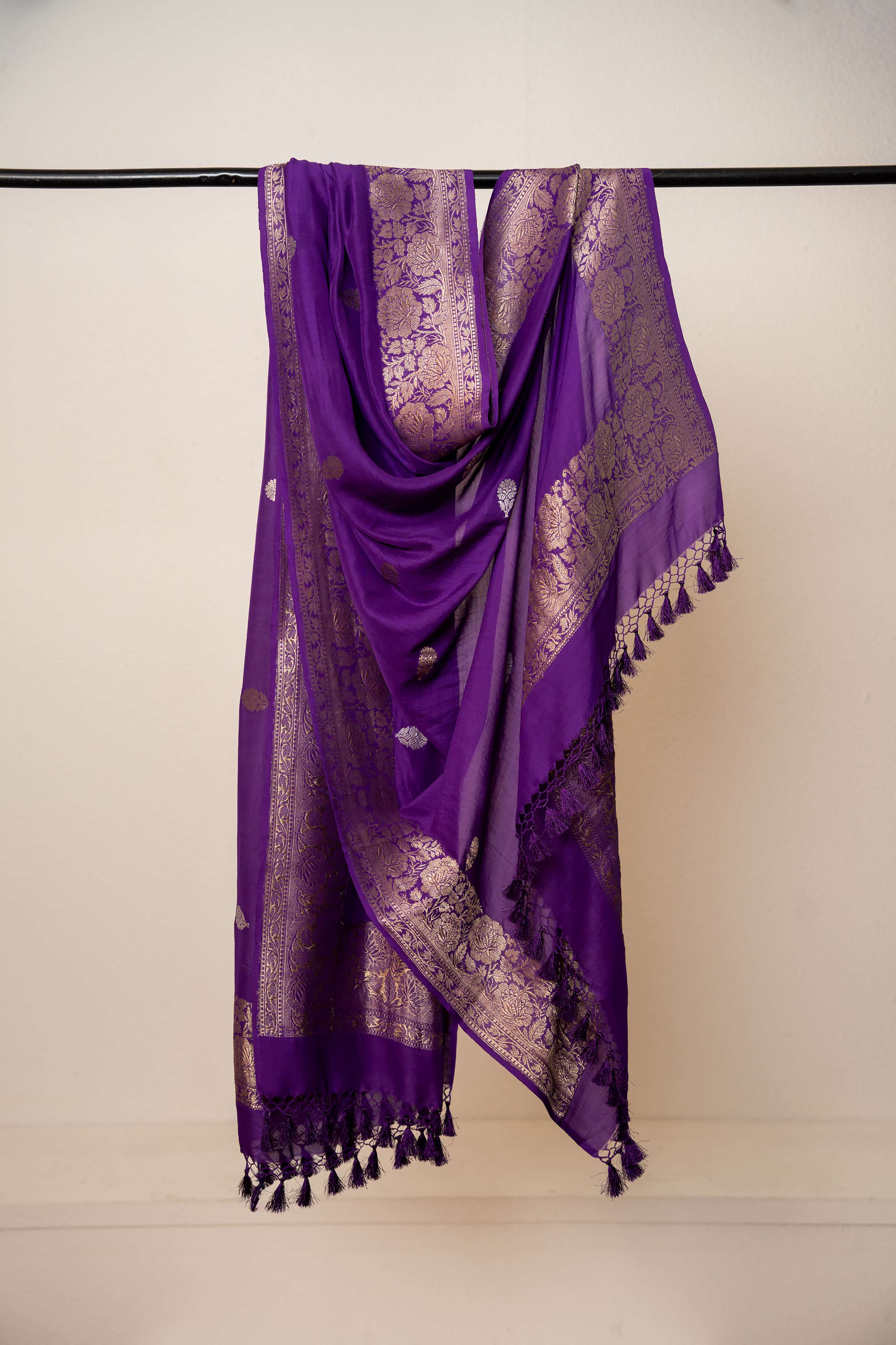 Dark Purple Pure Chiffon Mooga Silk Border and Booti Banarasi Dupatta