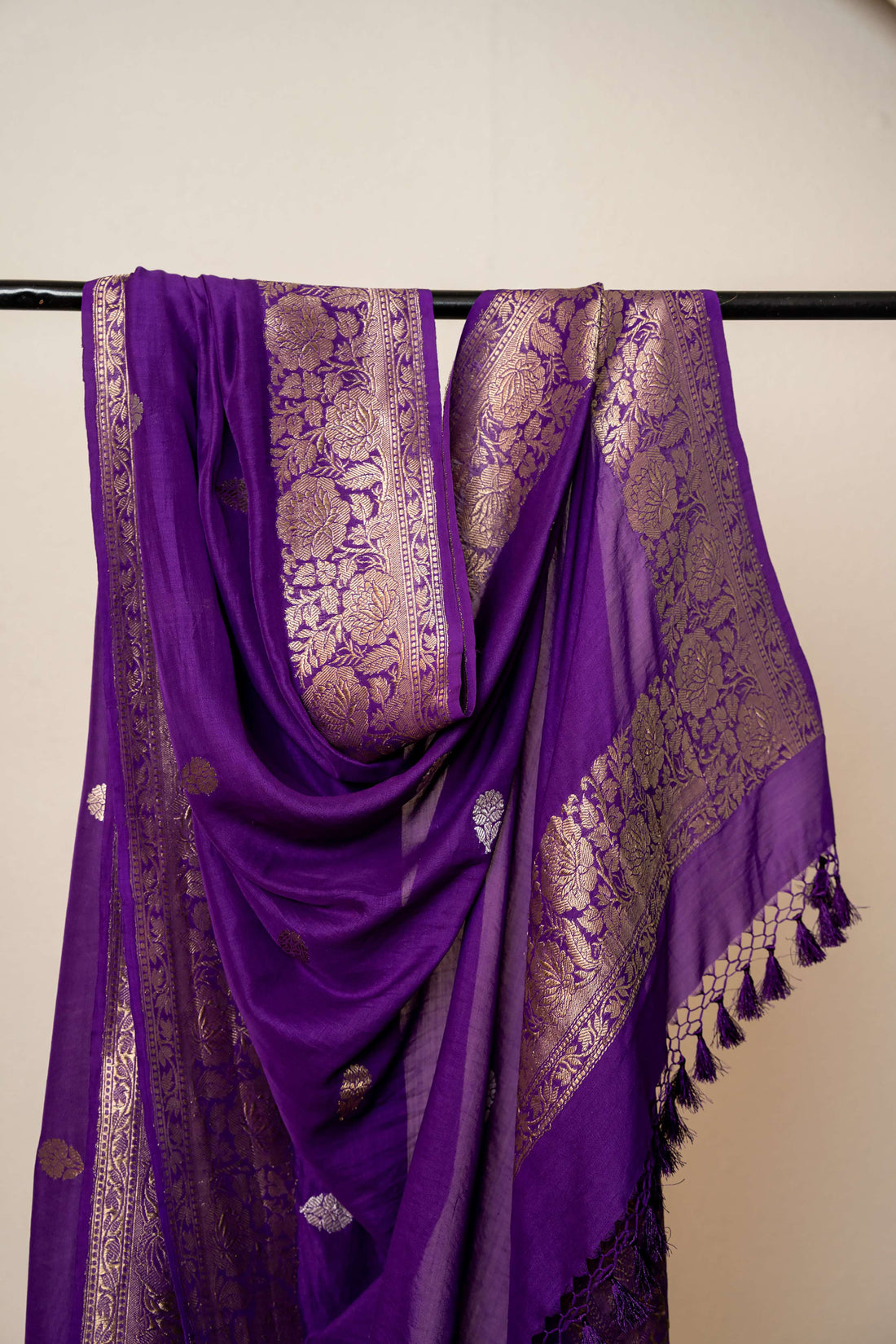 Dark Purple Pure Chiffon Mooga Silk Border and Booti Banarasi Dupatta