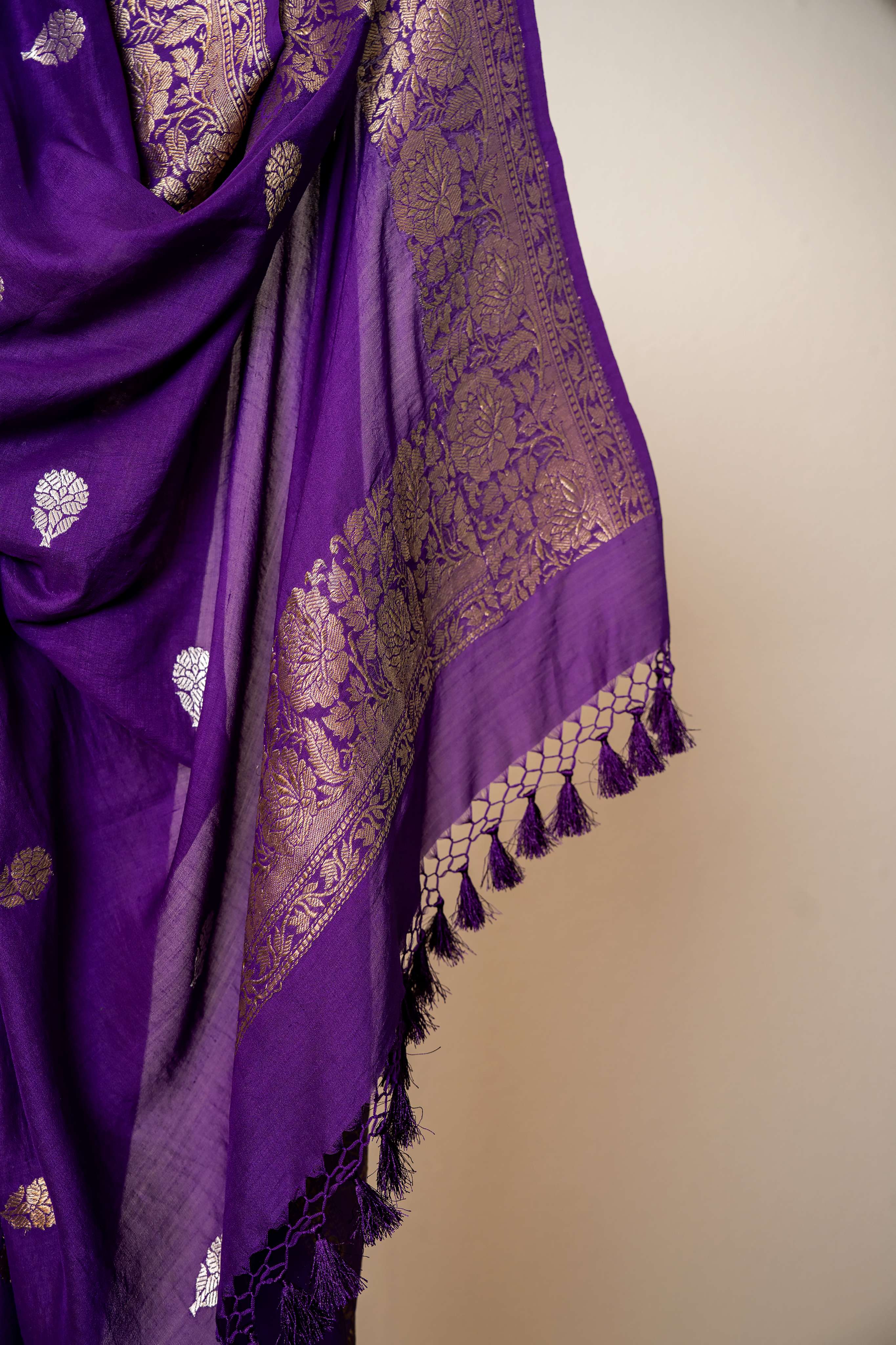 Dark Purple Pure Chiffon Mooga Silk Border and Booti Banarasi Dupatta