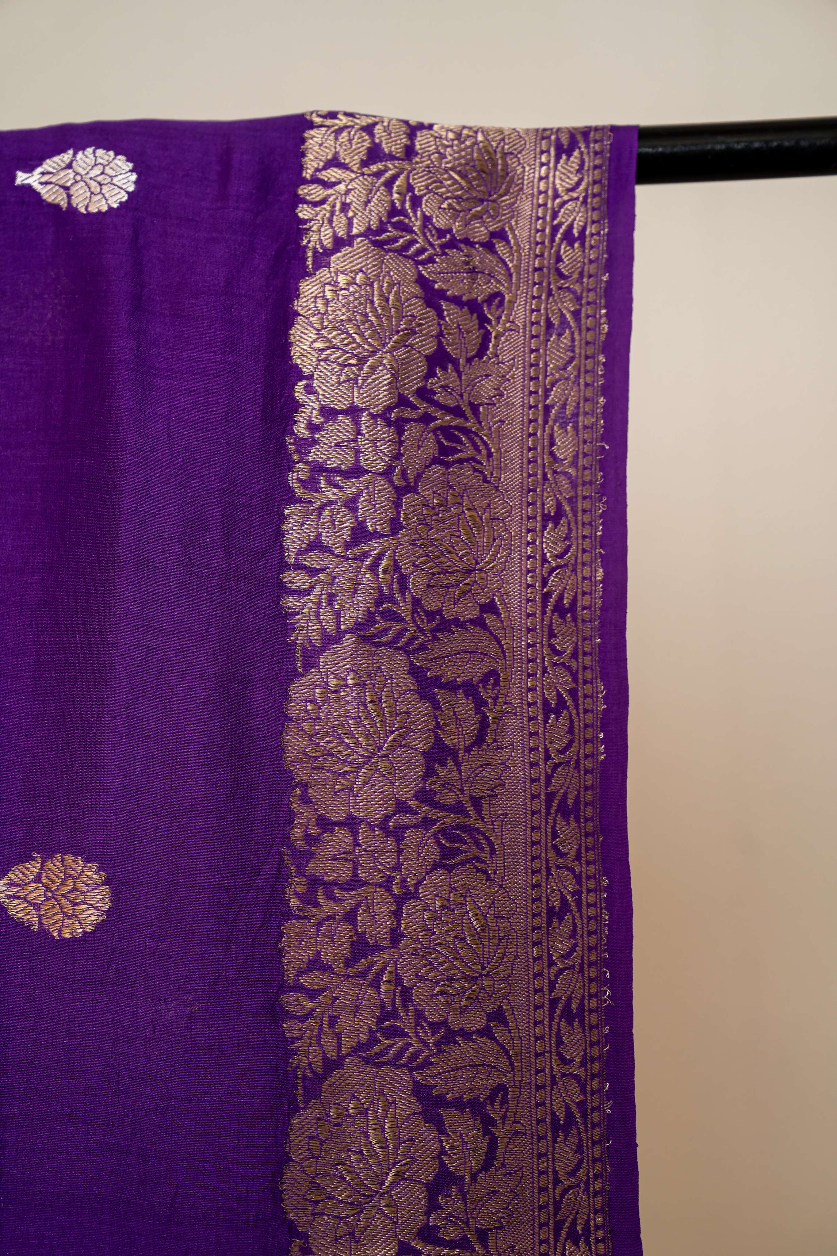 Dark Purple Pure Chiffon Mooga Silk Border and Booti Banarasi Dupatta
