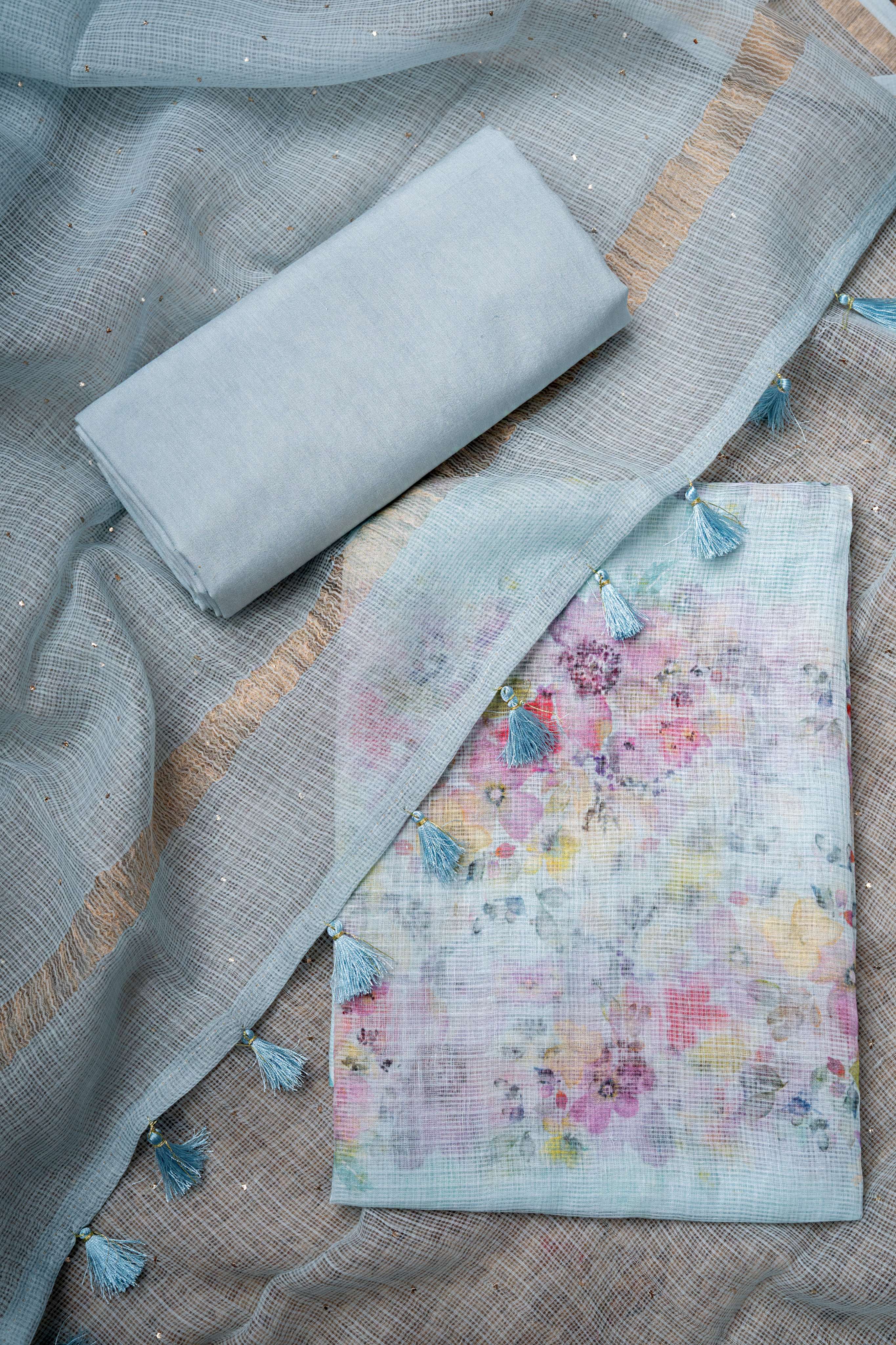 Pure Kota Doria Sky Blue Digital Print Kurta with mukaish on Dpuatta  Suit Material