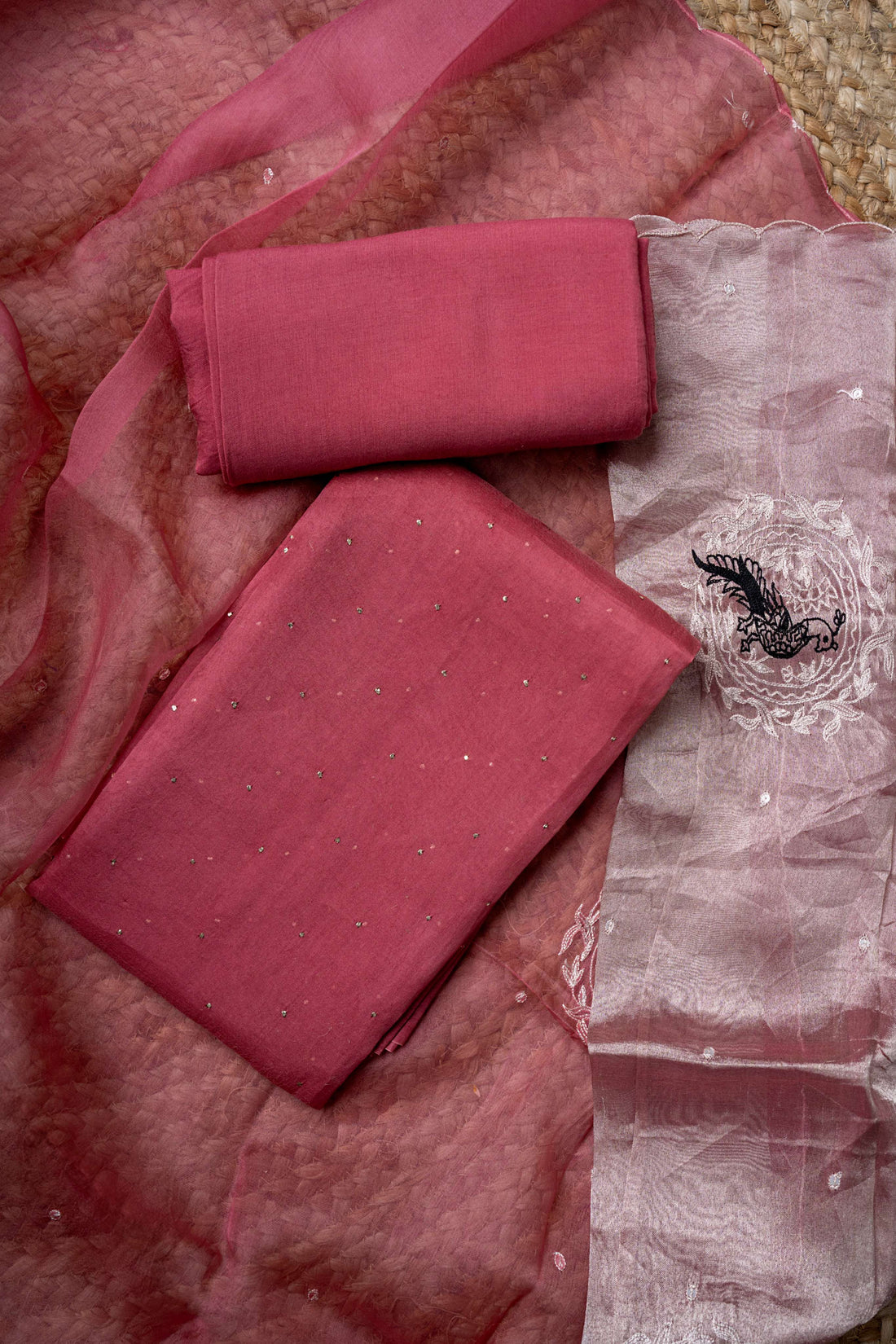 Aari Work on Crrot Pink Pure organza Kurta ans Tissue Stripe Dupatta with Matching Bottom