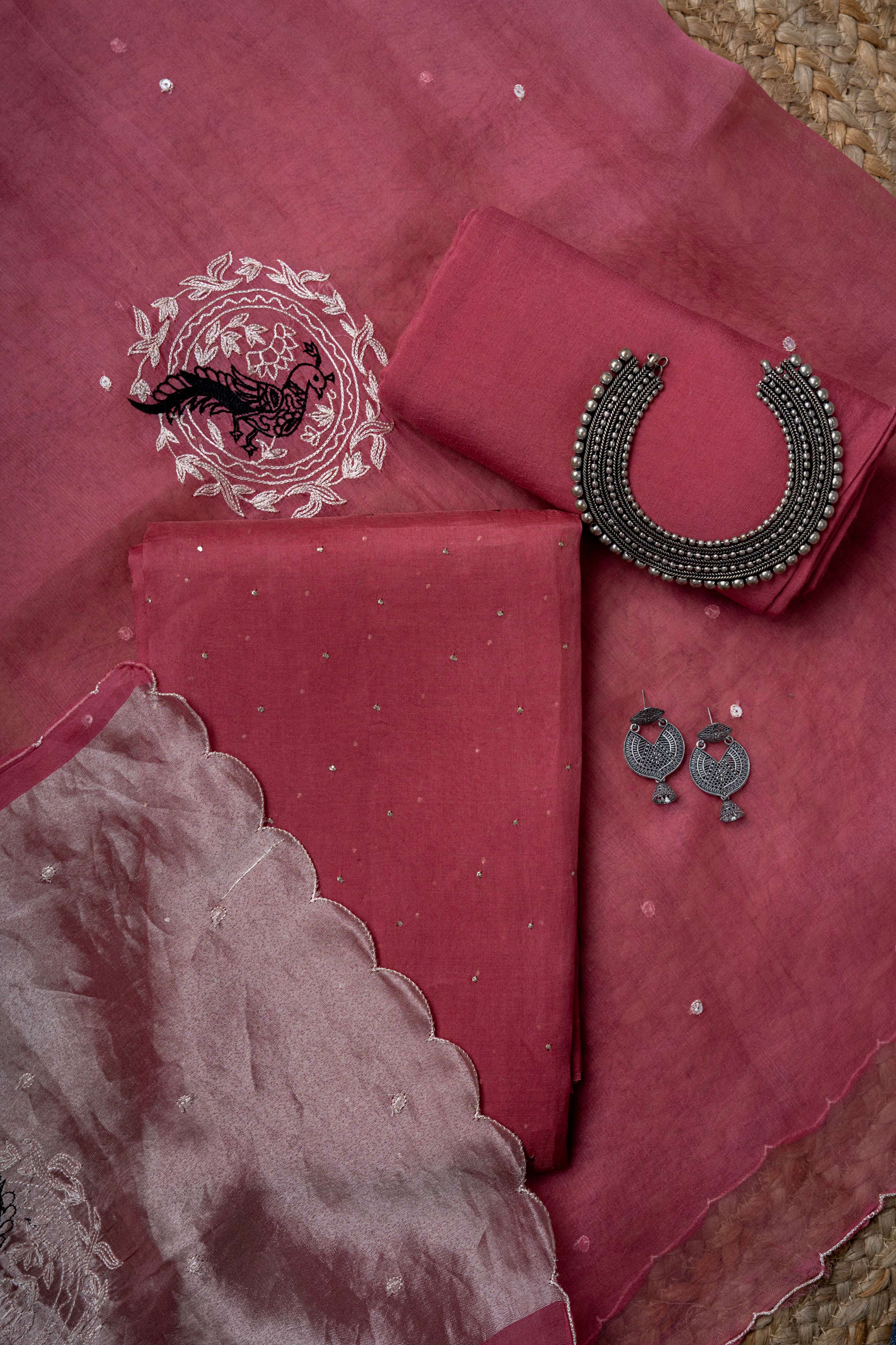 Aari Work on Crrot Pink Pure organza Kurta ans Tissue Stripe Dupatta with Matching Bottom