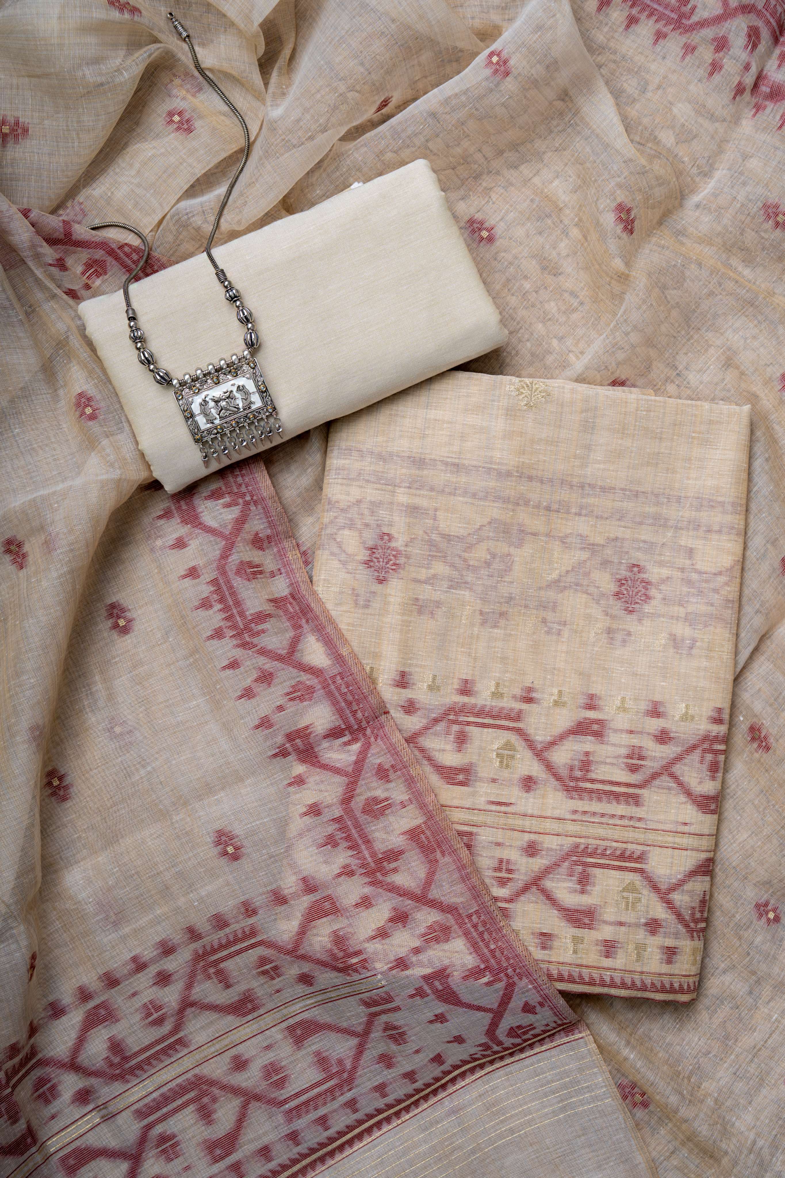 Fawn Chanderi With Wine color  weaving Jamdaani suit material